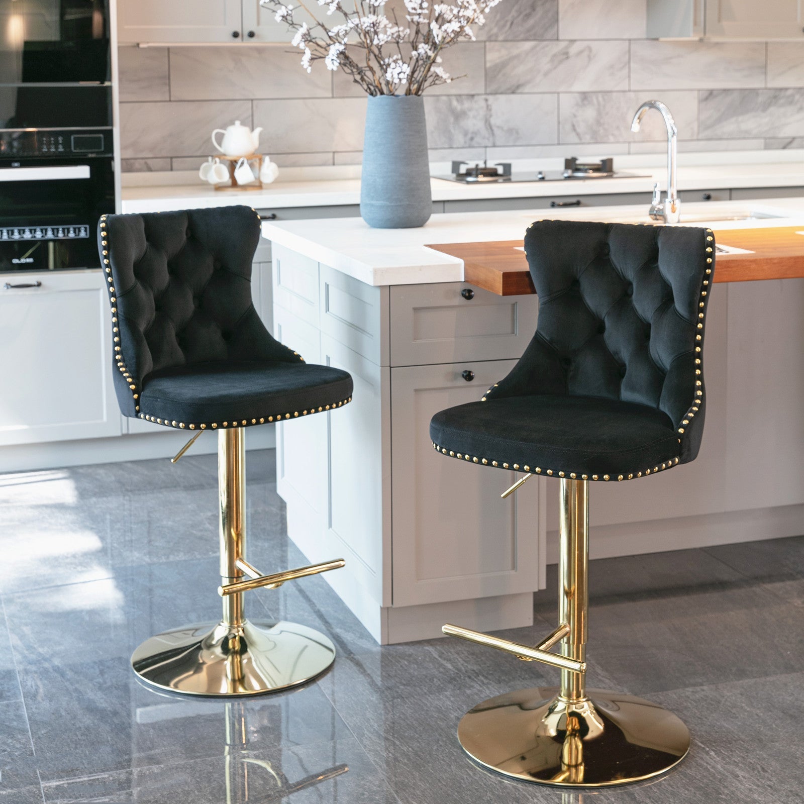 A&amp;amp;A Furniture,Golden Swivel Velvet Barstools Adjusatble Seat Height from 25-33 Inch, Modern Upholstered Bar Stools with Backs Comfortable Tufted for Home Pub and Kitchen Island（Black,Set of 2）