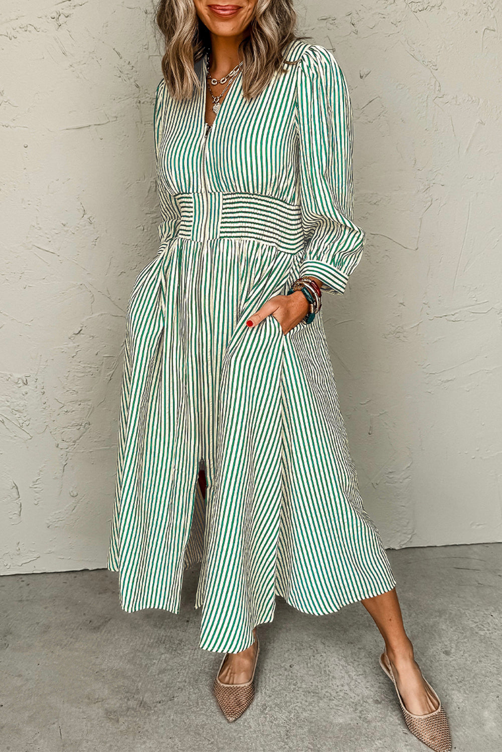 Green Striped V Neck Zip Front Midi Dress Cinched Waist