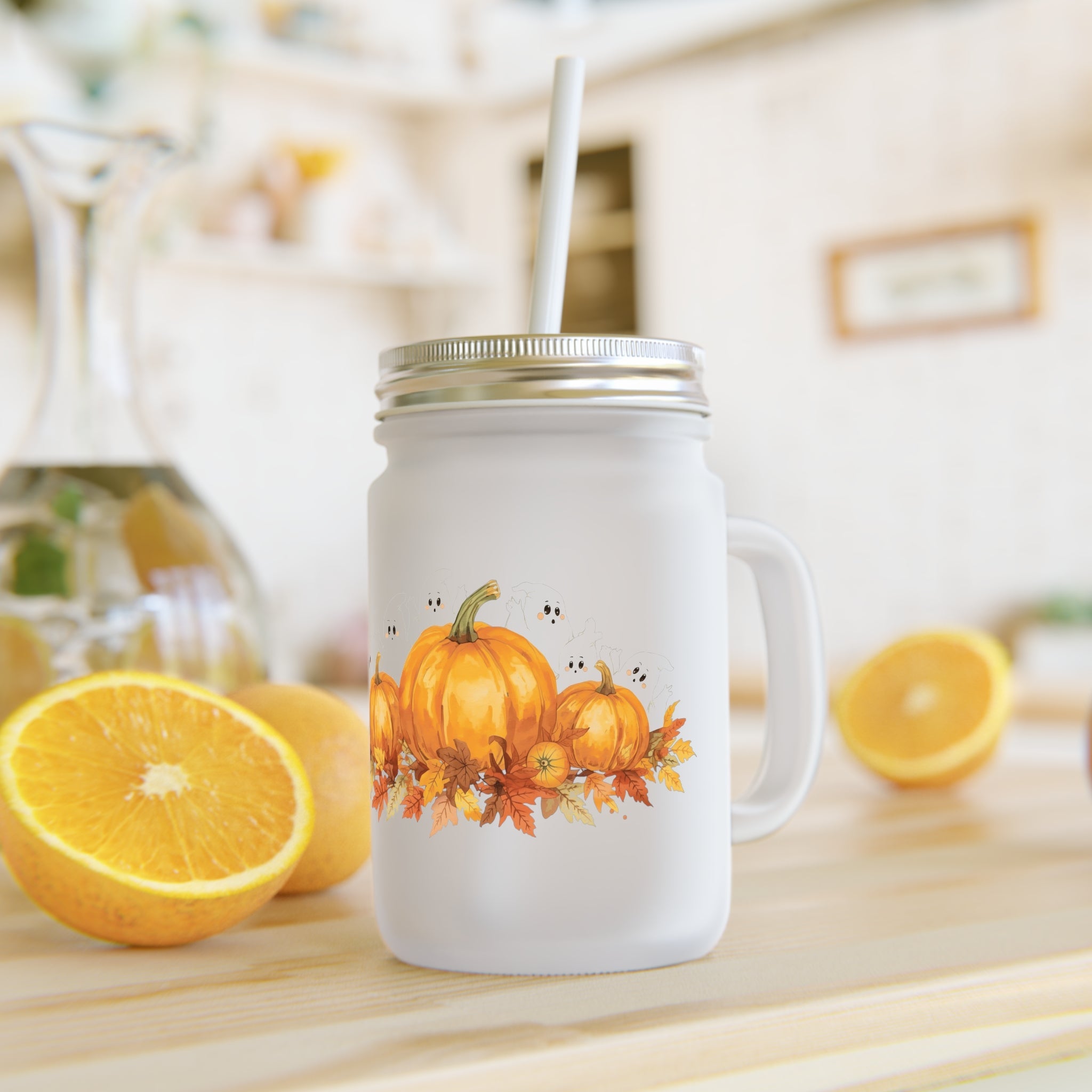 Halloween Pumpkin Coffee Cup with Straw – Frosted Glass Cup with Lid, Festive Fall Drinkware for Iced Coffee