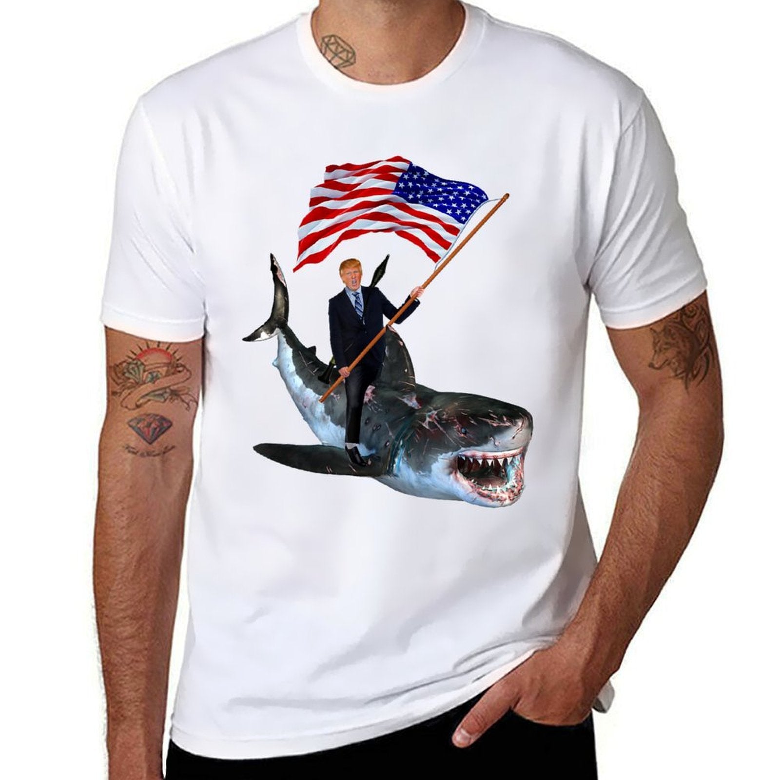Epic Trump Riding Shark With USA  Summer-ready Fabric T-Shirt