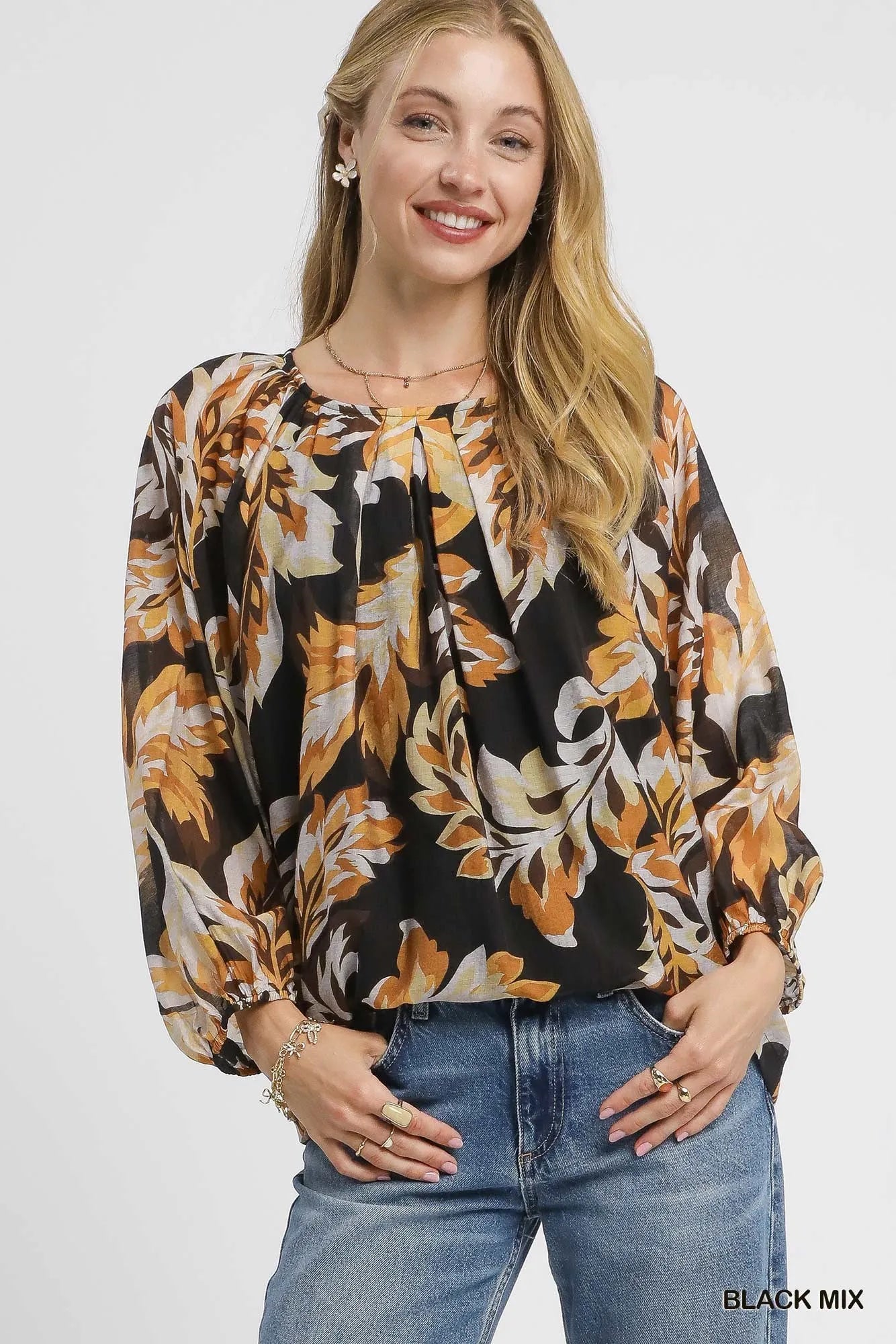 Umgee Autumn Leaf Print Balloon Sleeve Blouse