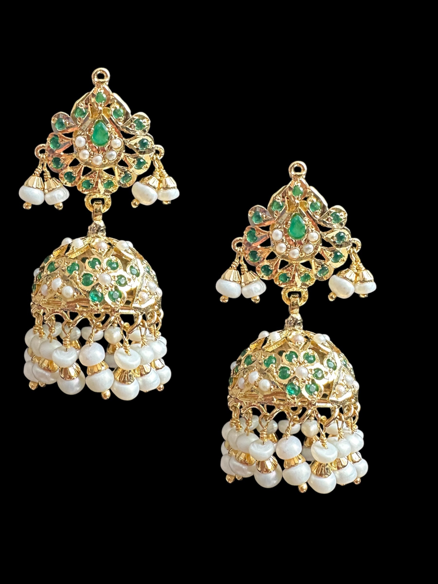MISHAL gold plated silver jhumka - emeralds &amp;amp; pearls ( READY TO SHIP )