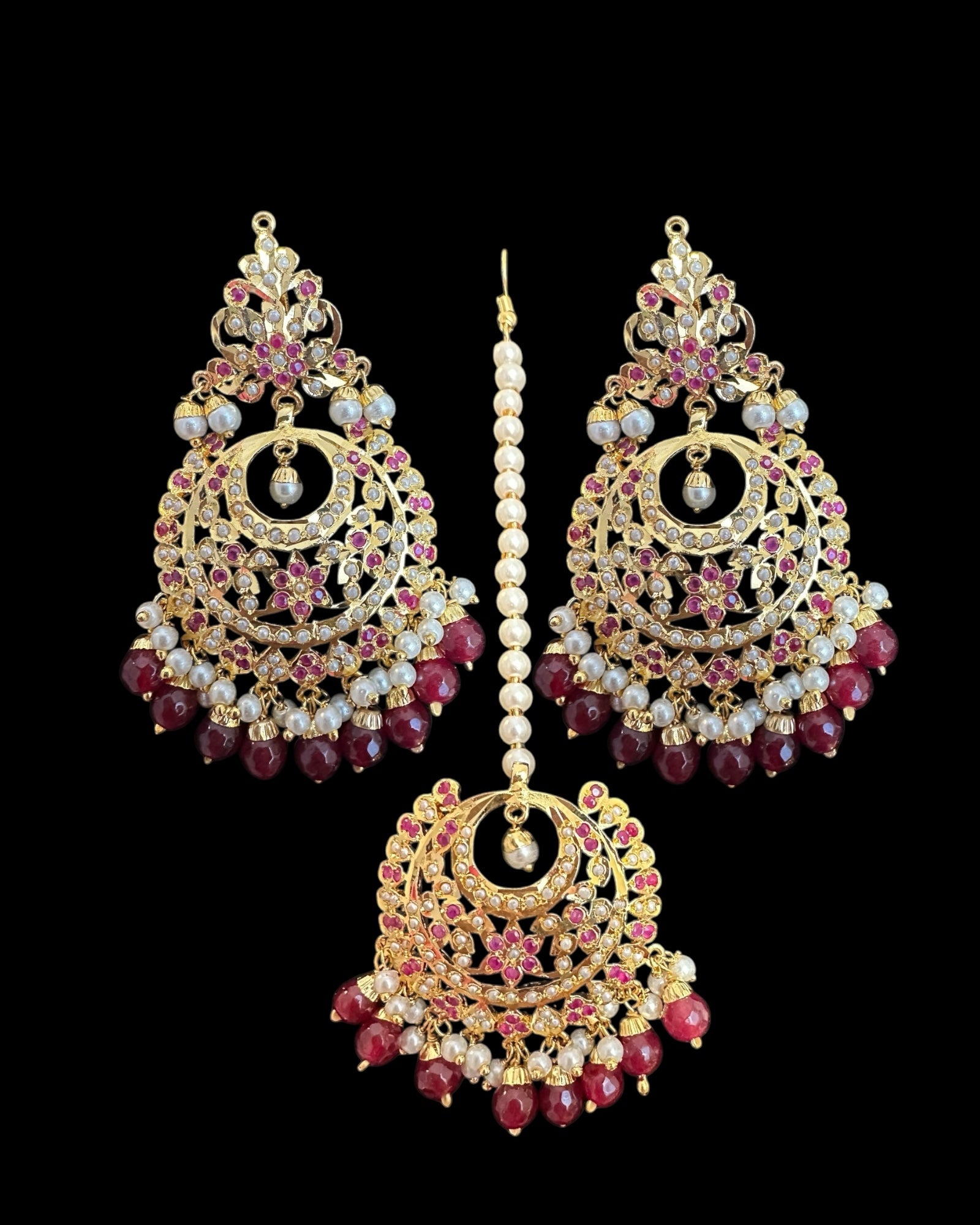DJET86 Dafiya ruby pearl Chandbali Earrings &amp;amp; Tika Set | Ships in 4 weeks | Deccan Jewelry
