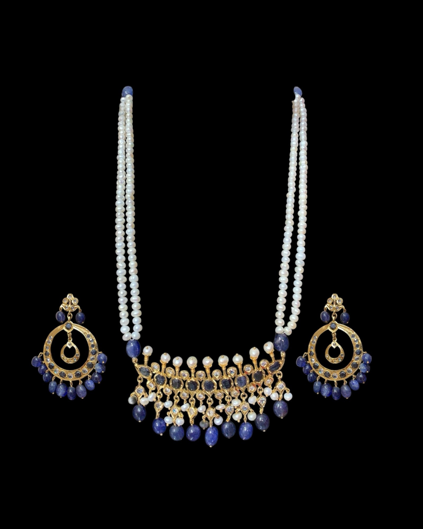Tirmani Necklace Set with chandbali Earrings – 22K Gold-Plated Jewelry with Freshwater Pearls and sapphire  ( SHIPS IN 4 WEEKS  )