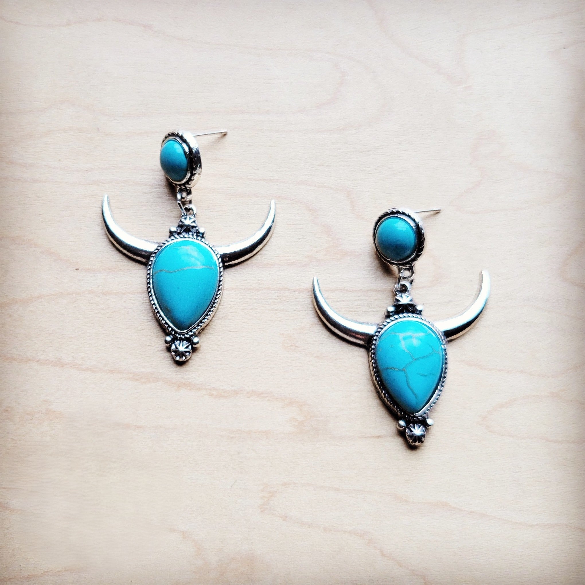 **Silver Bull Skull Dangle Earrings w/ Turquoise Accents 222jc