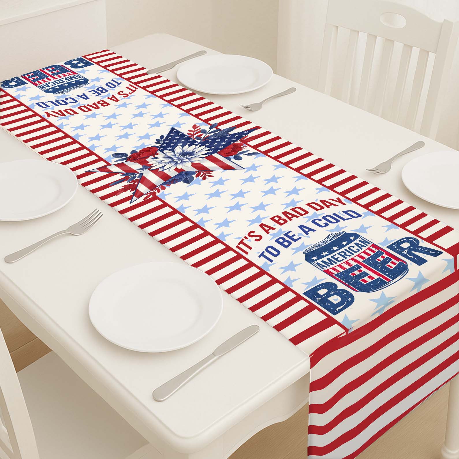 It&amp;#39;s A Bad Day To Be A Cold Beer Table Runner | Patriotic US Flag | 4th Of July Table Runner For Kitchen 682368