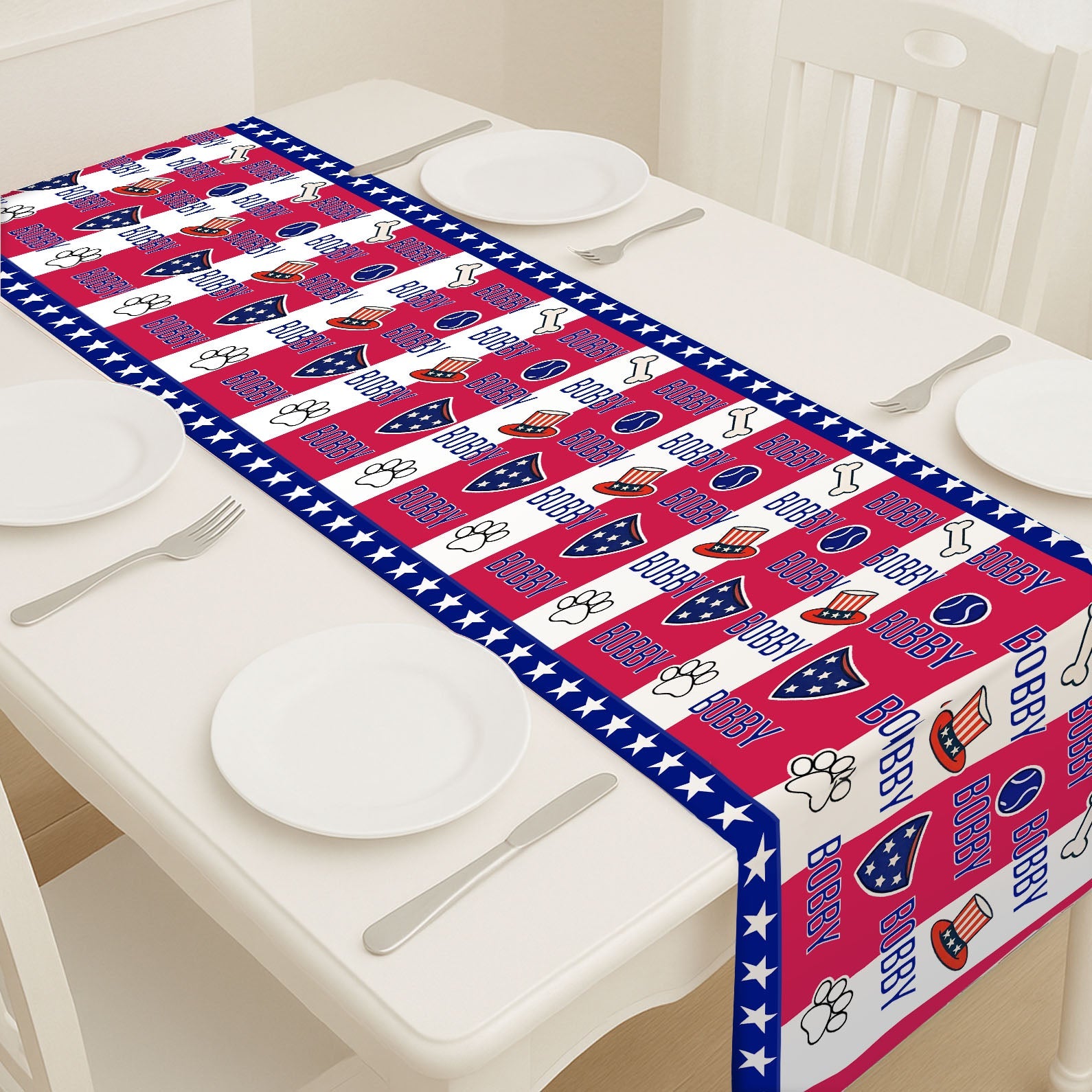 Personalized Dog Name Decor With Paw Print Table Runner | Patriotic 4th Of July Table Runner For Kitchen 682367