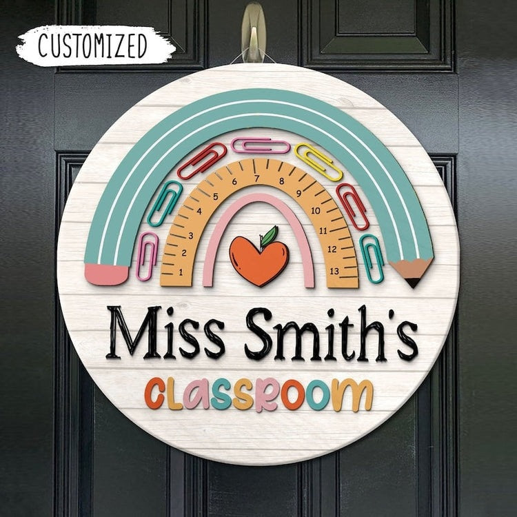 Rainbow Teacher Door Sign - Personalized Round Wood Sign - Back To School, 1st Day of School - Custom Gift For Teachers & Educators, Classroom Decoration
