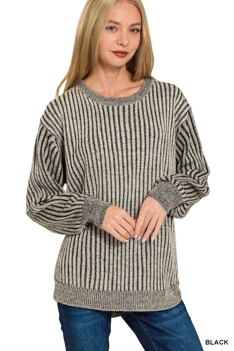 Zenana Curved Hem Two-Tone Ribbed Sweater