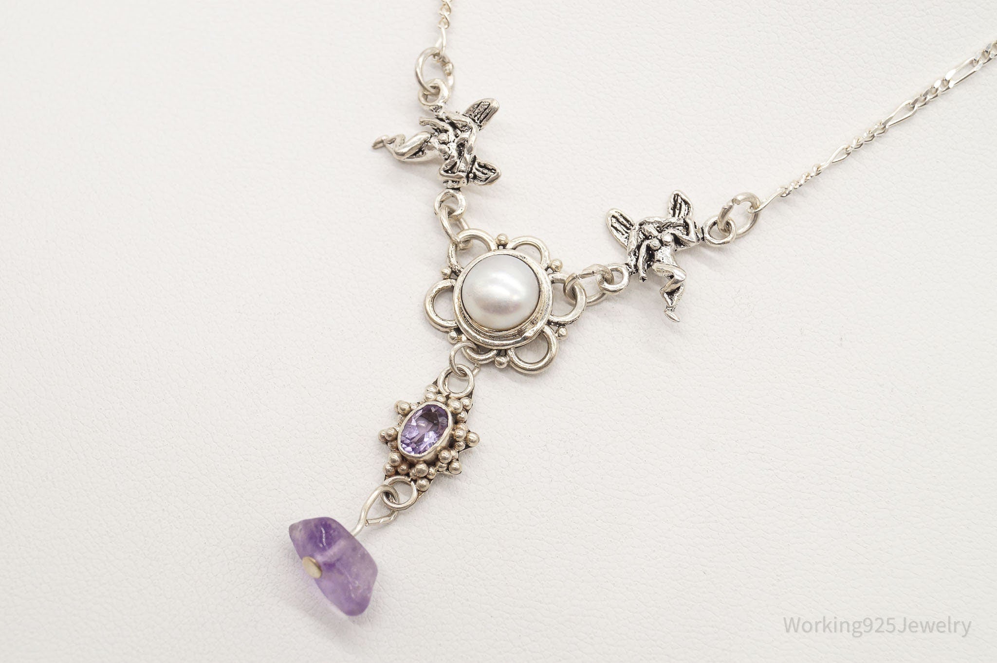 Vintage Pearl Amethyst &amp;amp; Fairies Sterling Silver Necklace