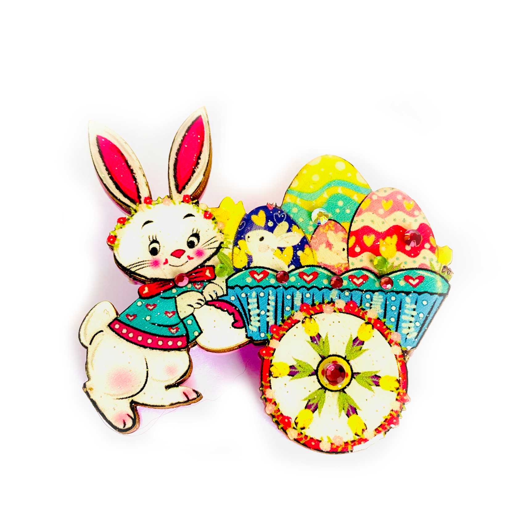 Benny Bunny and his Easter Egg Cart Brooch by Rosie Rose Parker