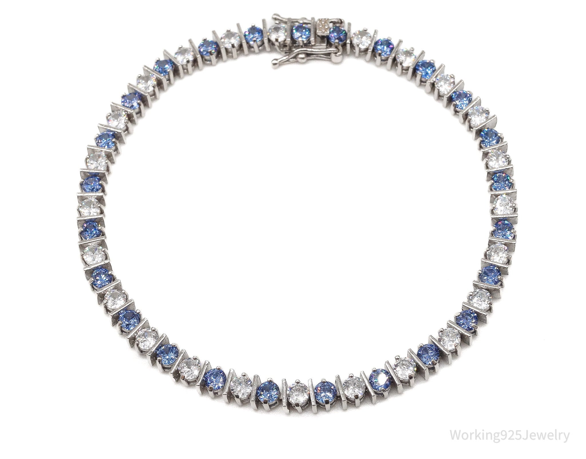 Vintage FAS Blue &amp;amp; White Cubic Zirconia Sterling Silver Bracelet
