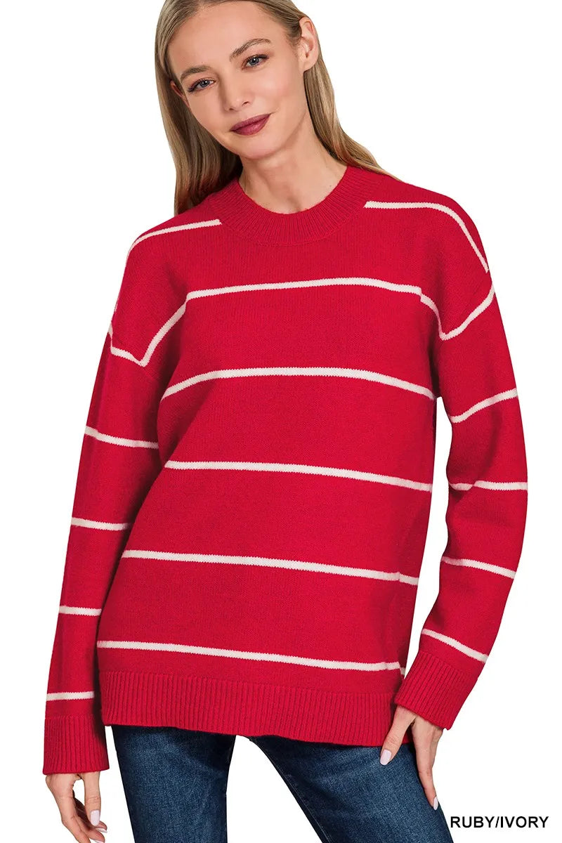 Zenana Round Neck Stripe Sweater