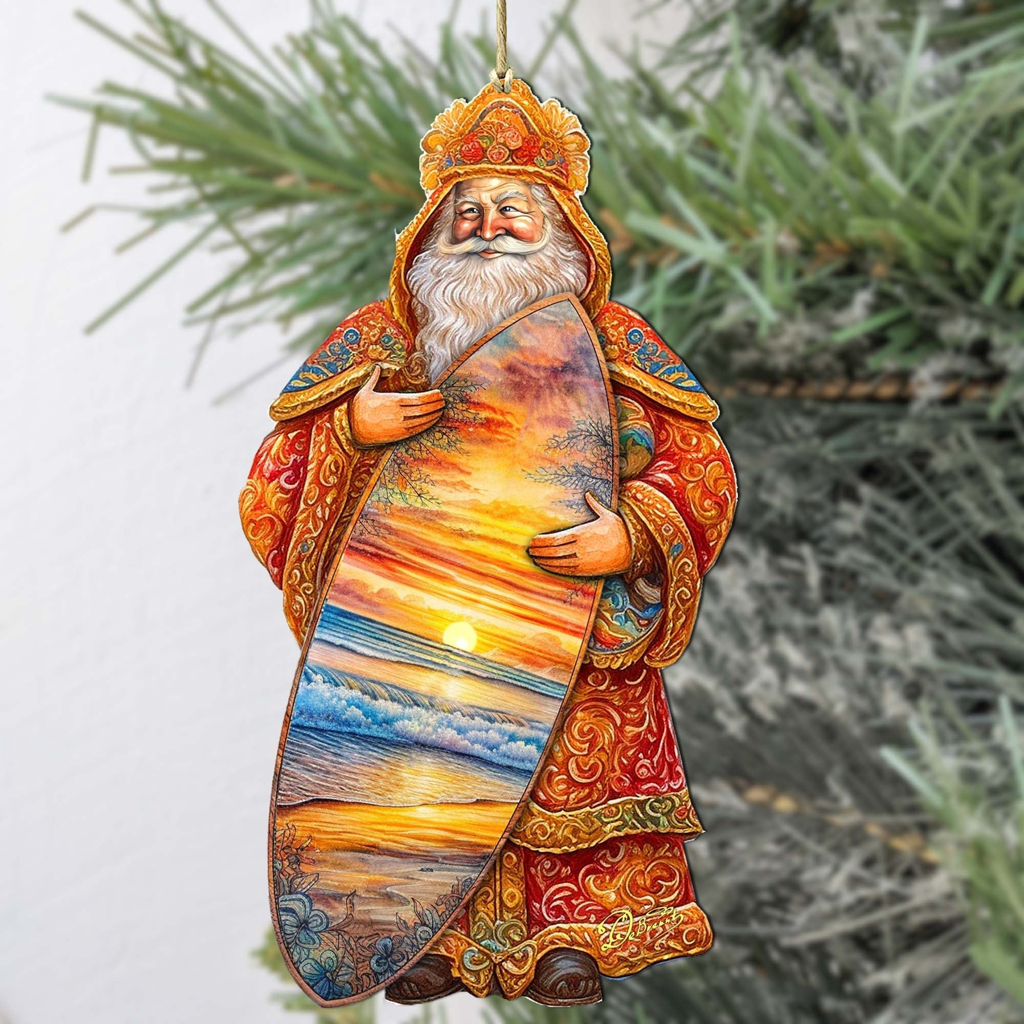 Santa&amp;#39;s Tropical Surf Ride Wooden Ornaments by G. Debrekht - Christmas Santa Snowman Decor - 8691413