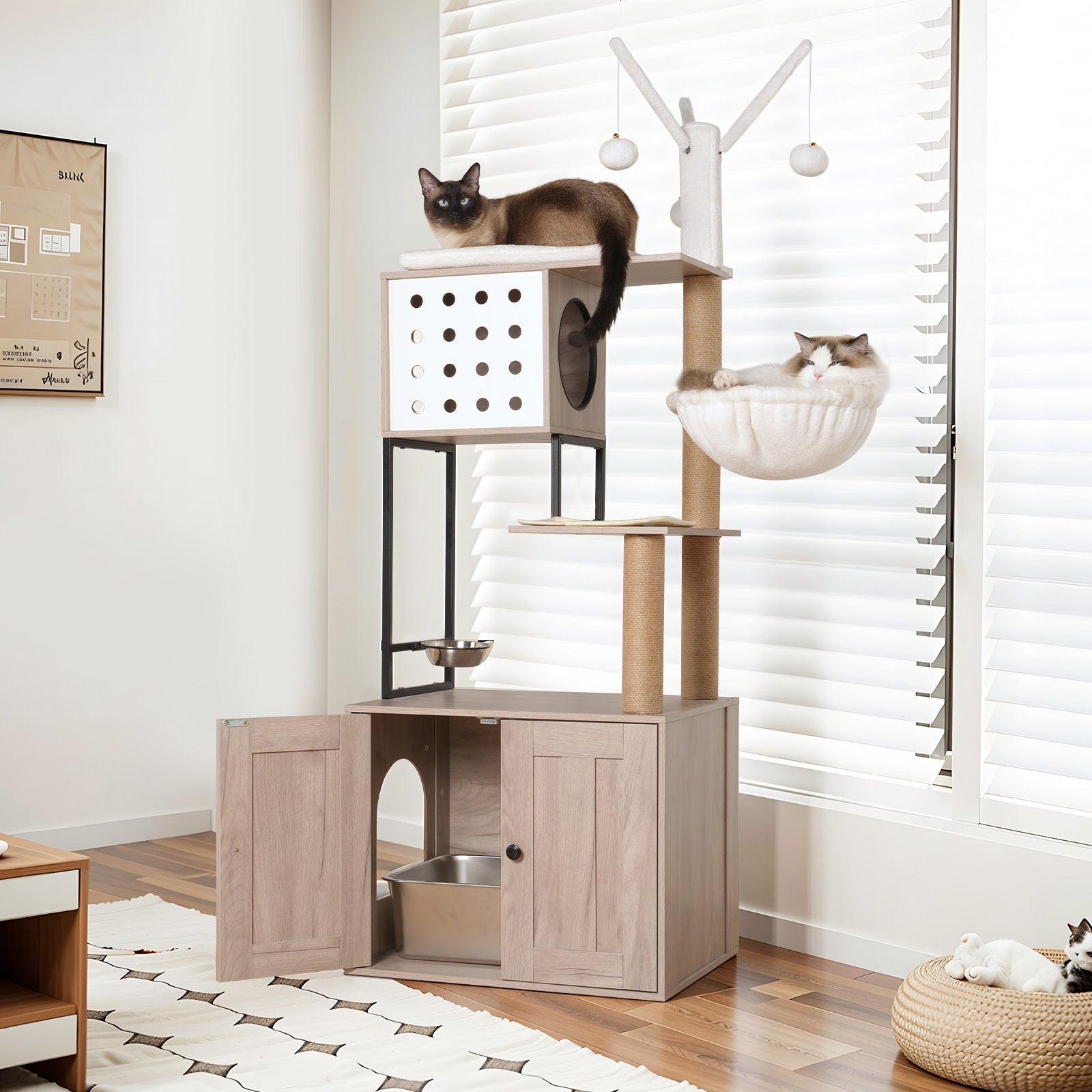 Cat Tree with Litter Box Enclosure - Modern Cat Condo with Scratching Posts, Feeding Bowl &amp;amp; Removable Pompom Sticks, Gray