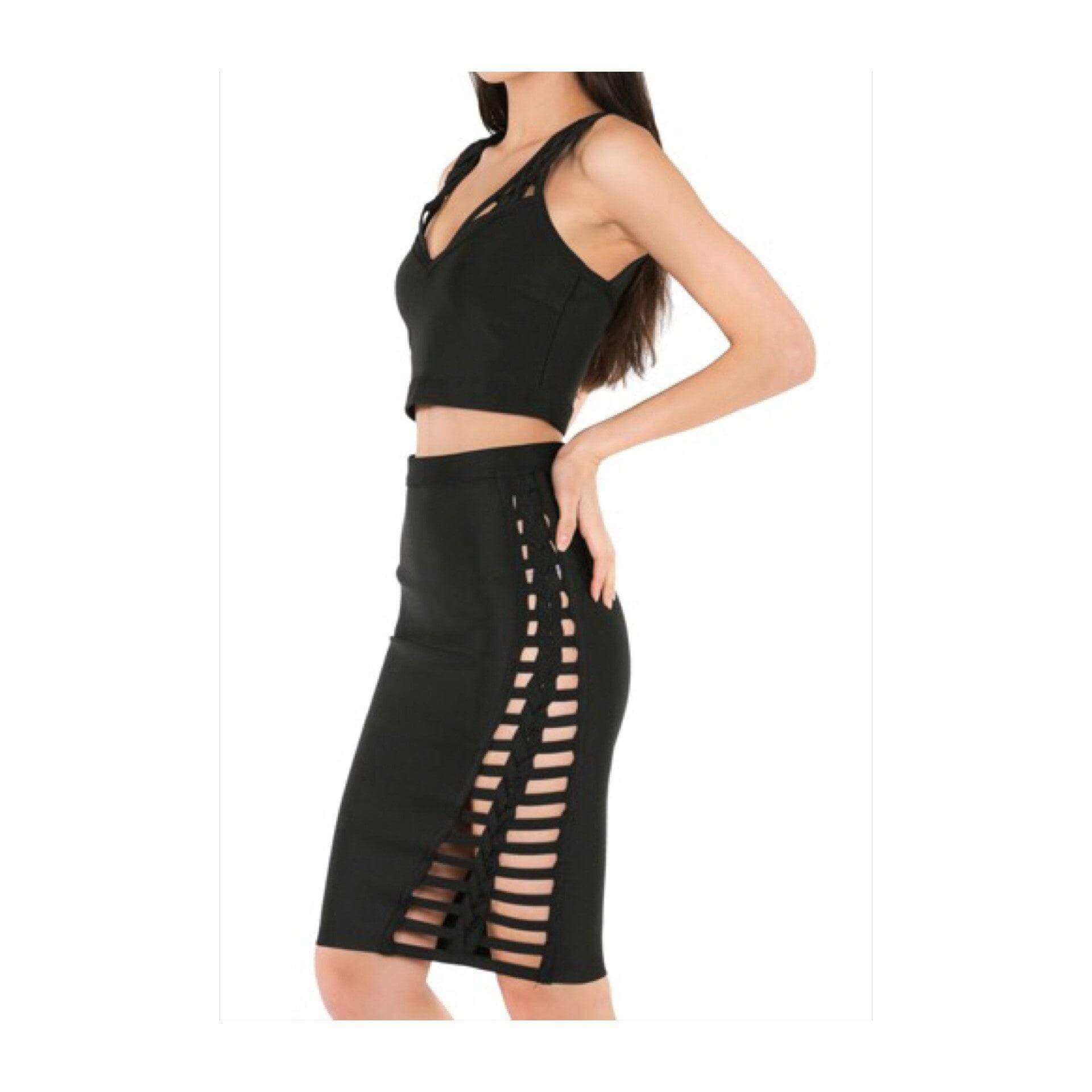 2pc Bandage Sleeveless V-Neck top w/ Braided Detail Skirt Set