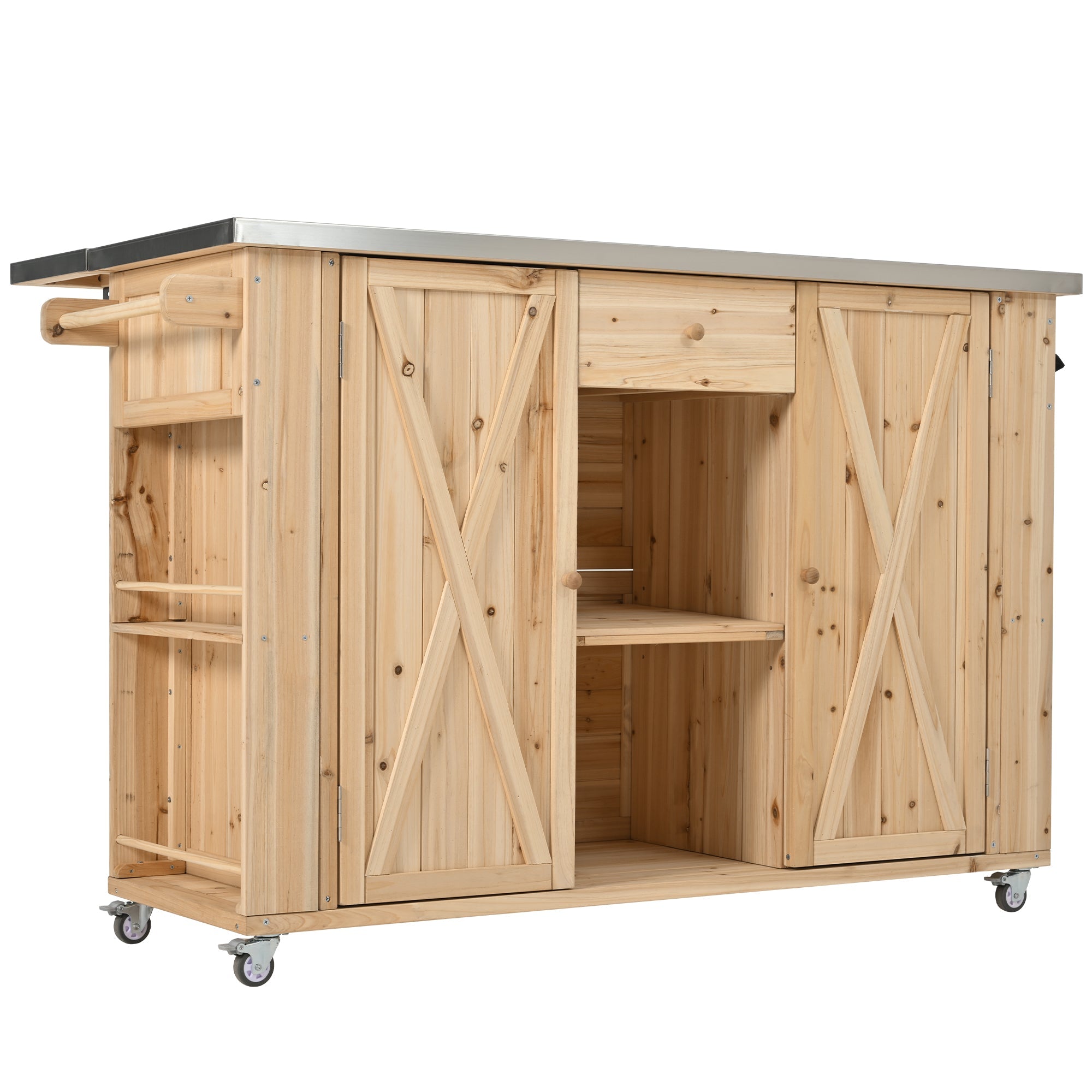 Outdoor Kitchen Island Fir Wood Kitchen Island with Stainless Steel Top, Ample Storage Space, Towel and Spice Racks, Bottle Opener, Natural