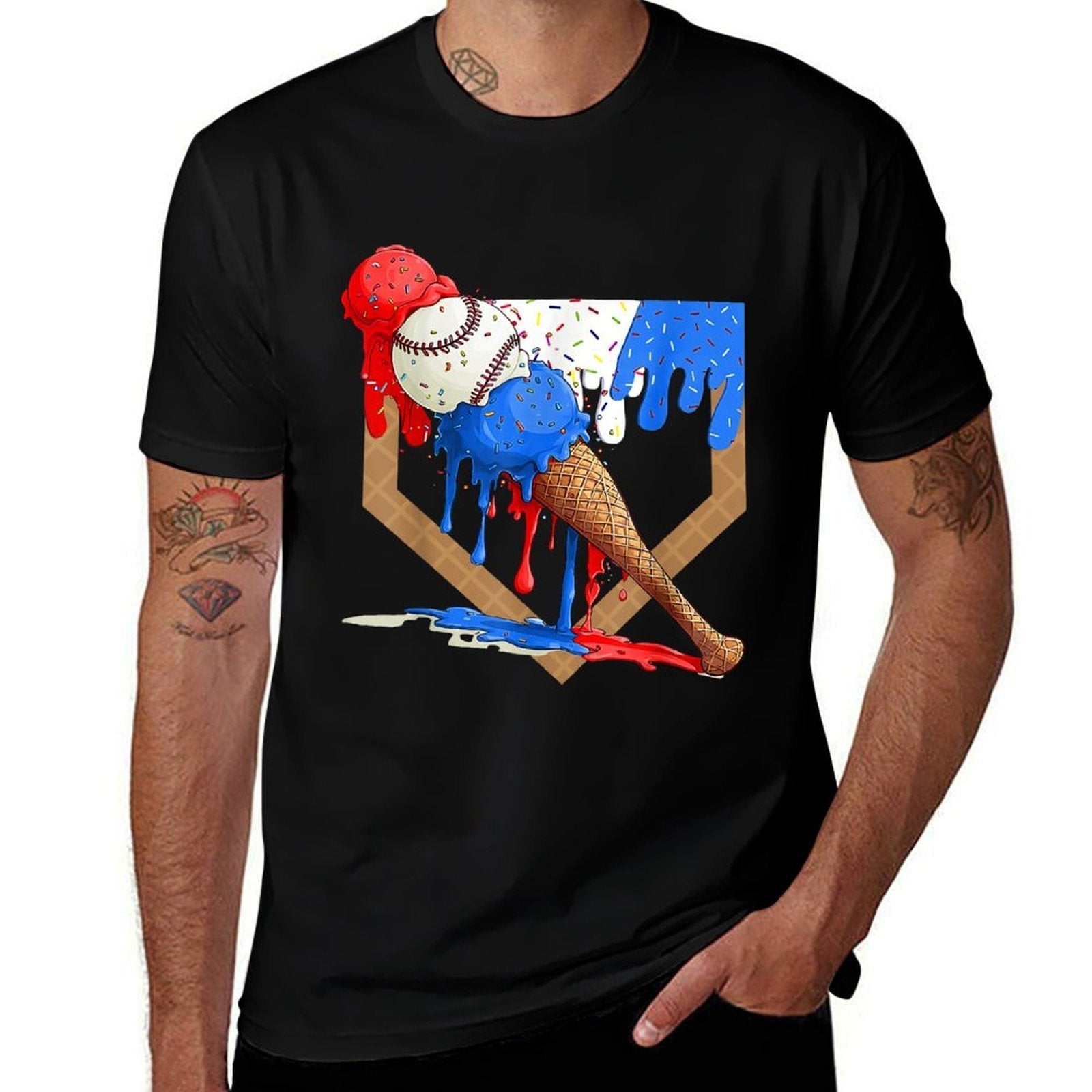 4th of July Red White And Blue Baseball Ice Cream Drip Boys  Oversized Silhouette T-Shirt