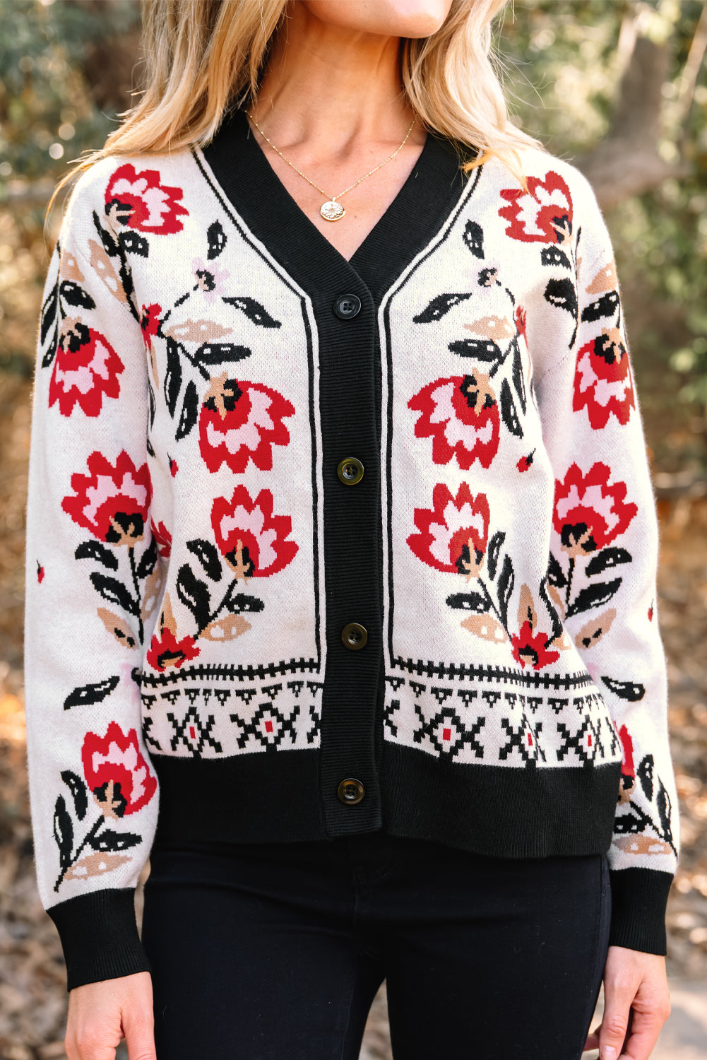 Floral Knit Button-Front V-Neck Cardigan