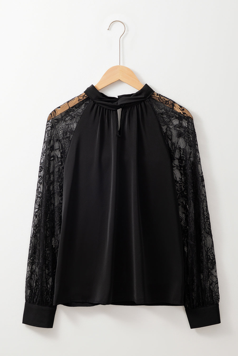 Lace Patchwork Sleeve Keyhole Neckline Blouse