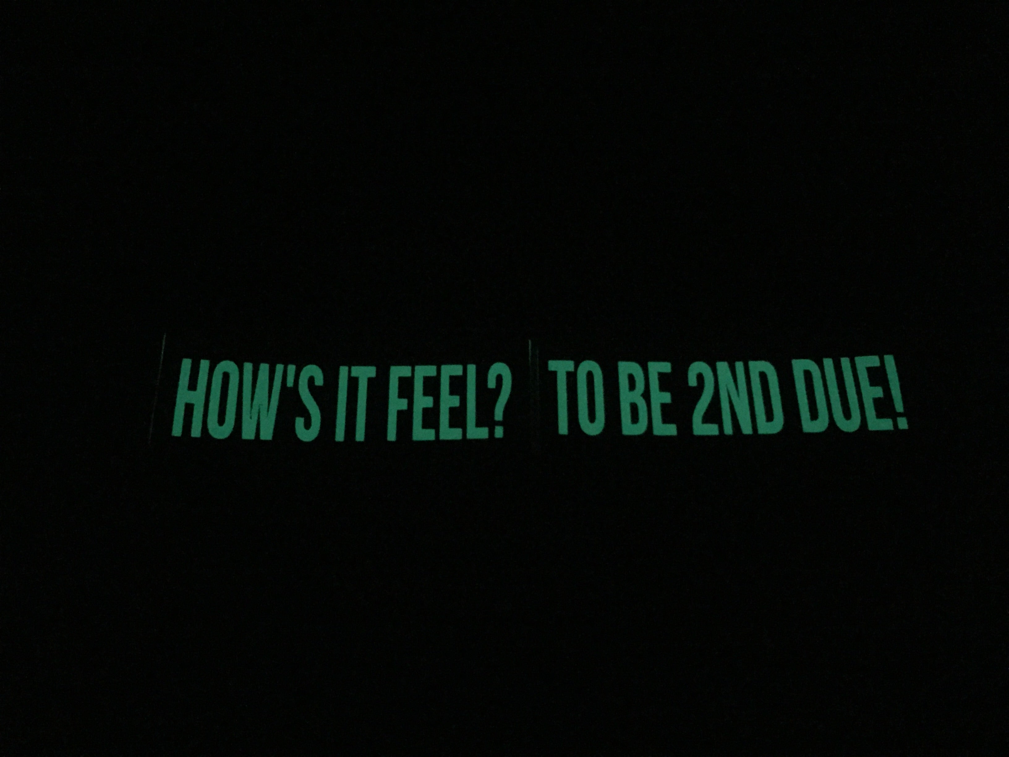 HOW&#39;S IT FEEL? TO BE 2ND DUE! REFLECTIVE GLOW IN THE DARK HELMET DECAL