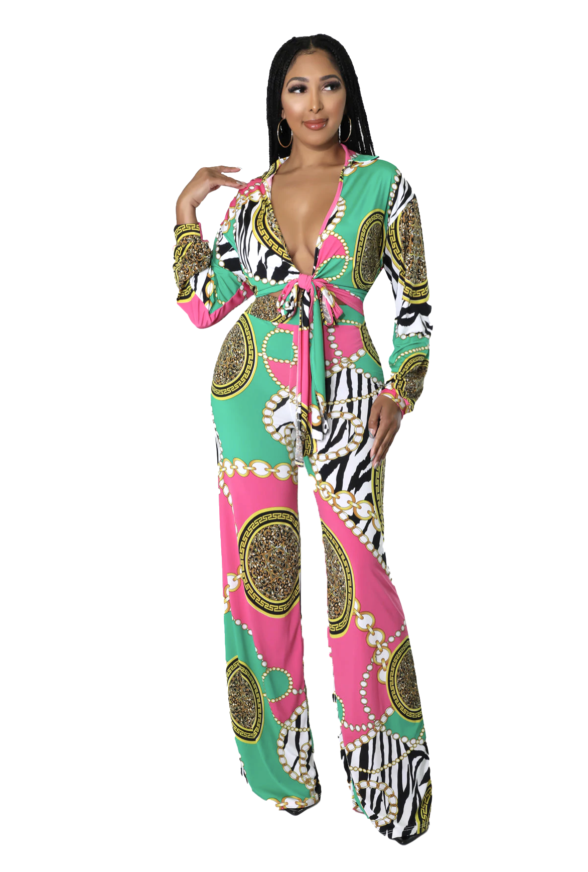 Two Piece Set: Green &amp;amp; Pink Palazzo Pants