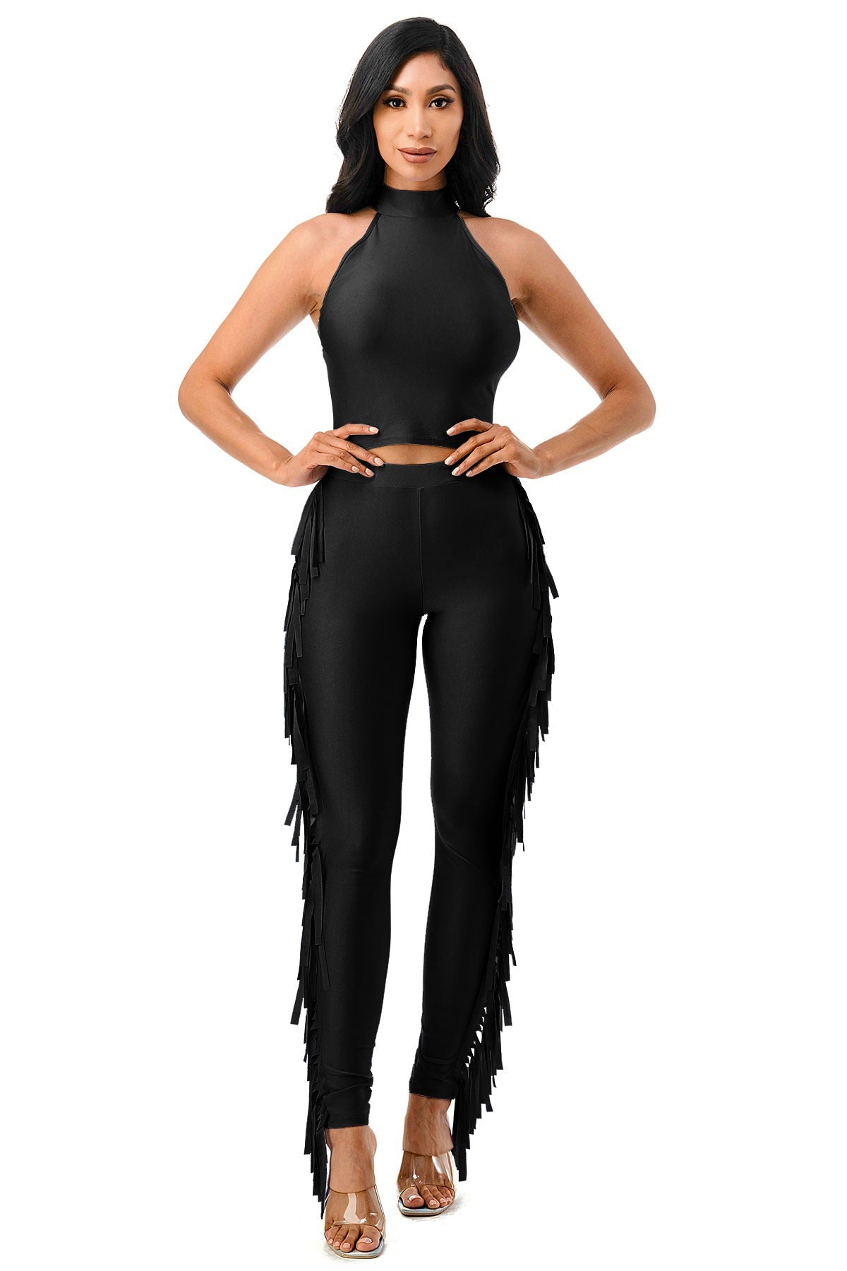 Mock Neck Sleeveless Crop Top &amp;amp; Side Fringe Pants Set