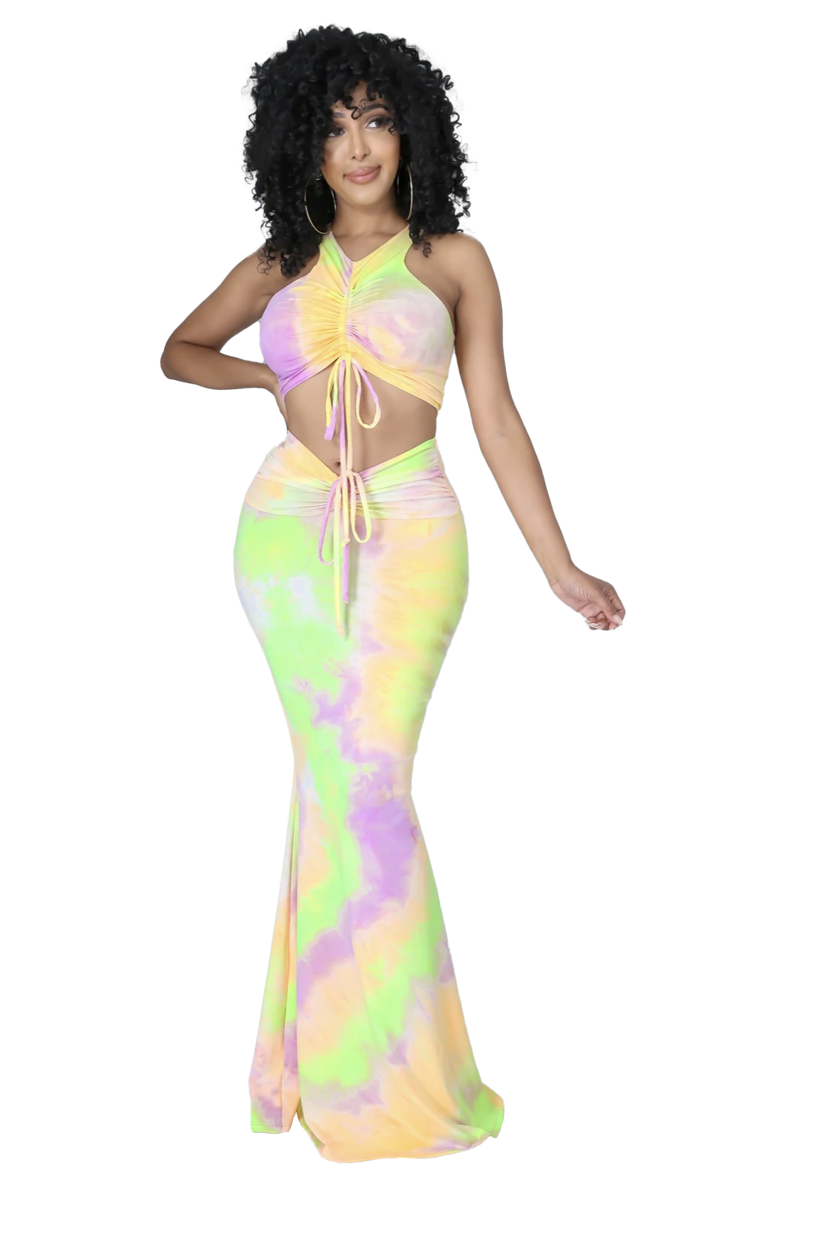 2 PC Ruched Neon Tie Dye Cropped Top Maxi Skirt Set