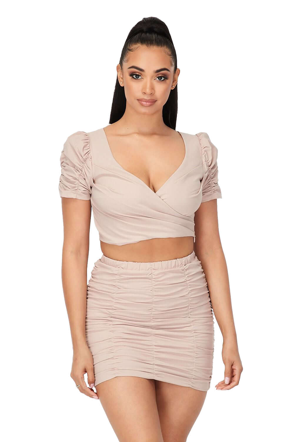 2 PC Ruched Cropped Top &amp;amp; Skirt Set