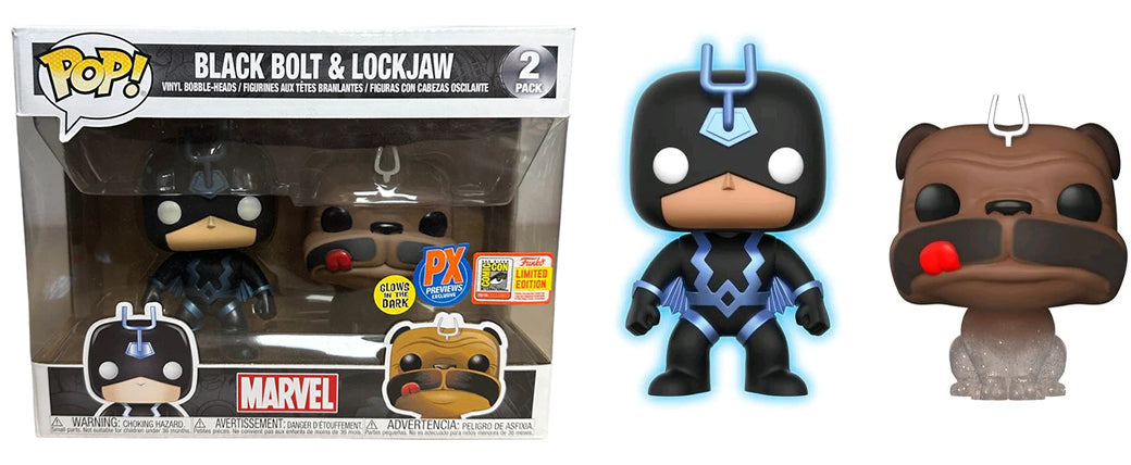 Black Bolt (Glow in the Dark) &amp;amp; Lockjaw (Teleporting, Two Stickers) 2-pk - 2018 SDCC/Previews Exclusive