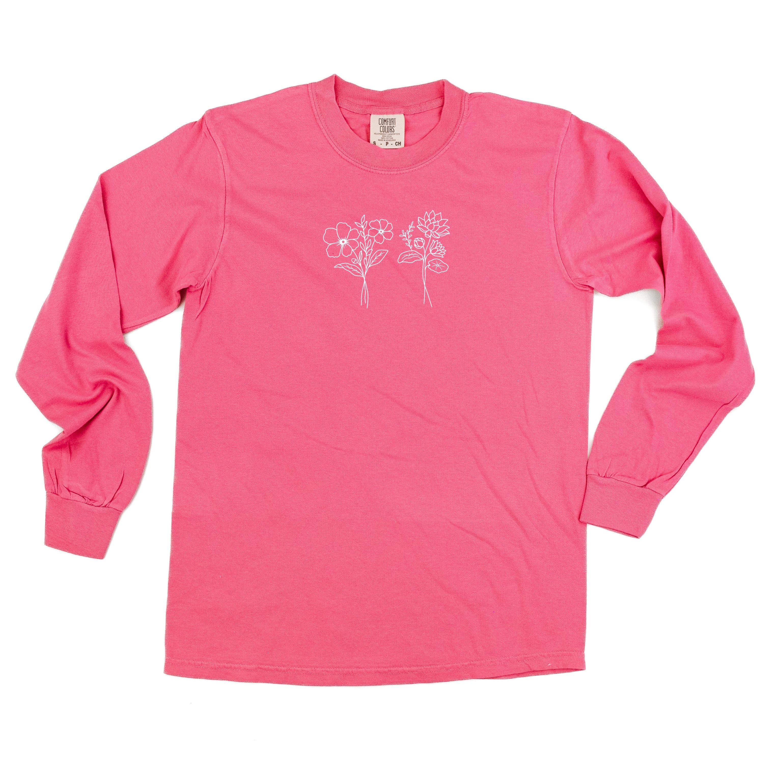 Embroidered LONG SLEEVE Comfort Colors Tee - 2 Birth Flower w/ White Thread (center)