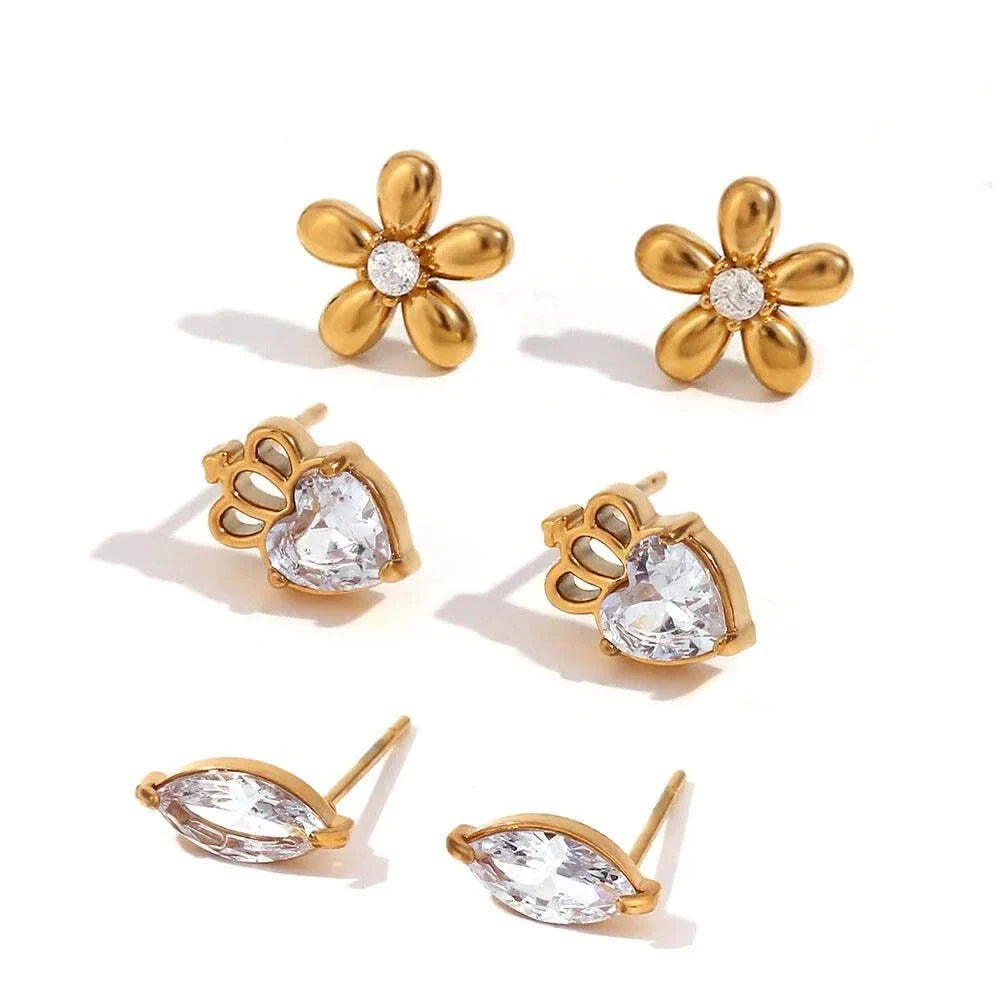 3 Pairs 18K Gold Plated Mini Zircon Flower Stud Earrings for Women