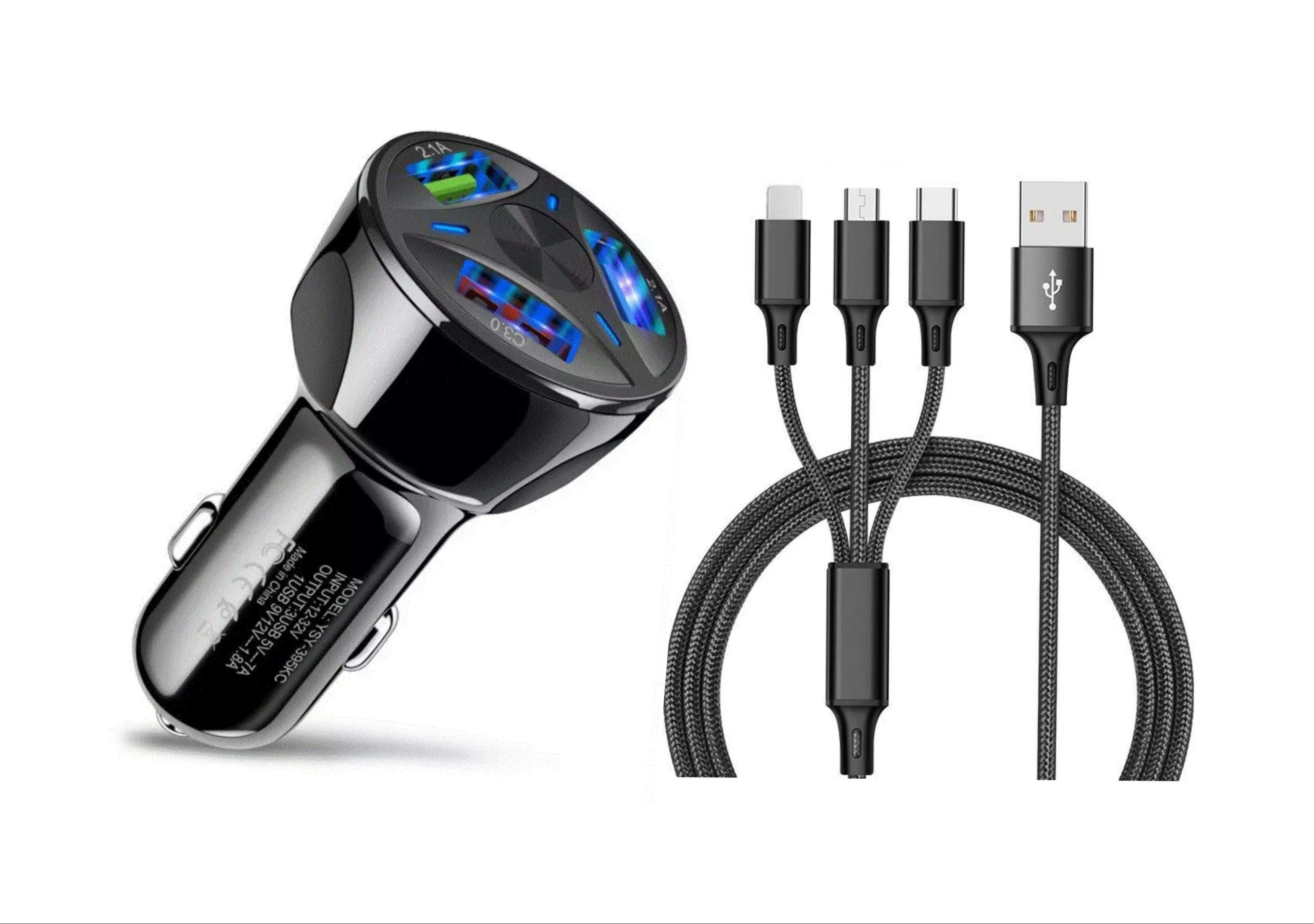 3 Port Fast LED Car Charger + 3 in 1 Cable Combo Black