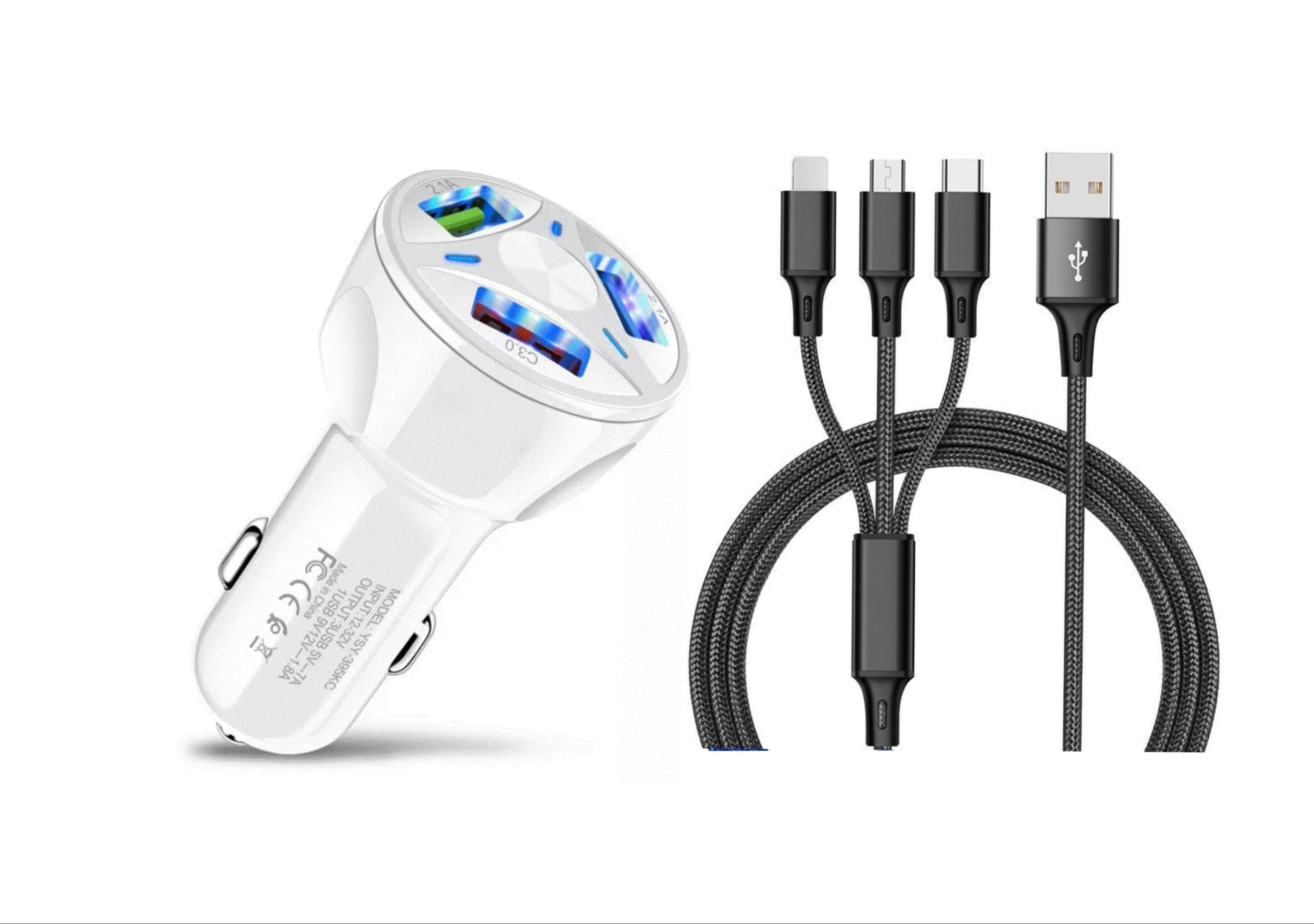 3 Port Fast LED White Car Charger + 3 in 1 Cable Combo Black