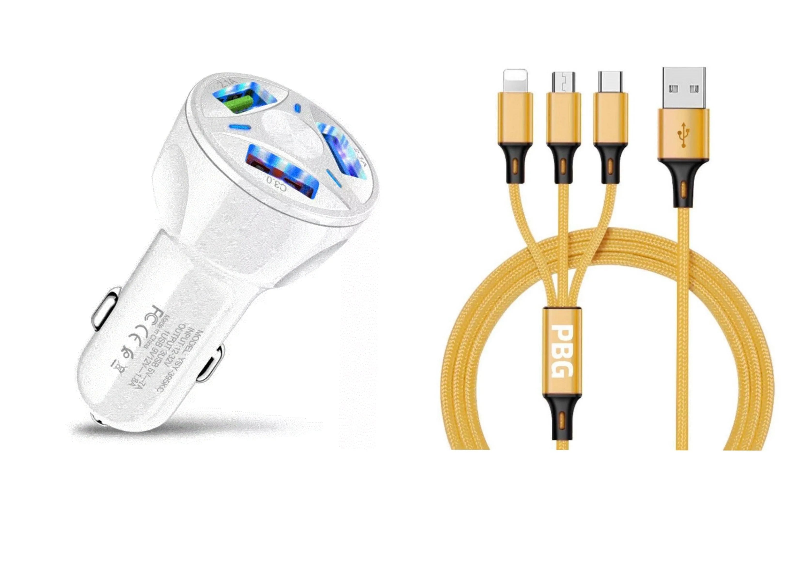 3 Port Fast LED White Car Charger + 3 in 1 Cable Combo Gold