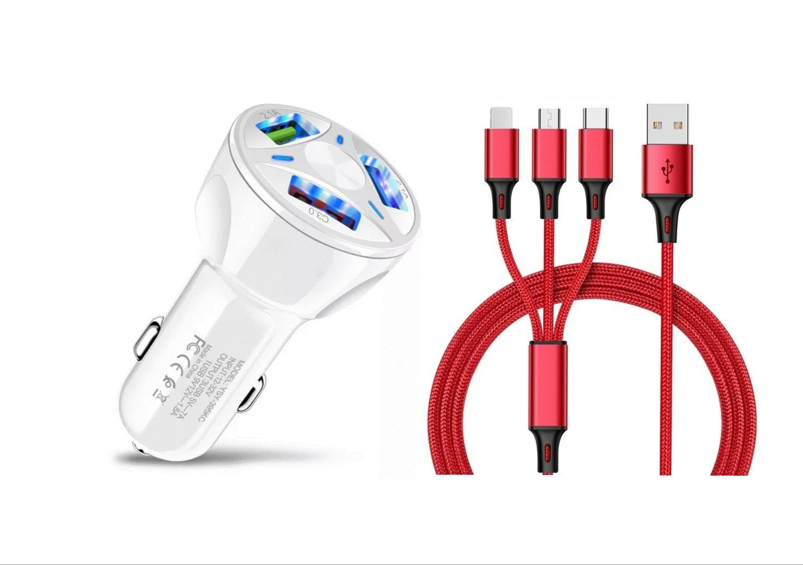 3 Port Fast LED White Car Charger + 3 in 1 Cable Combo Red