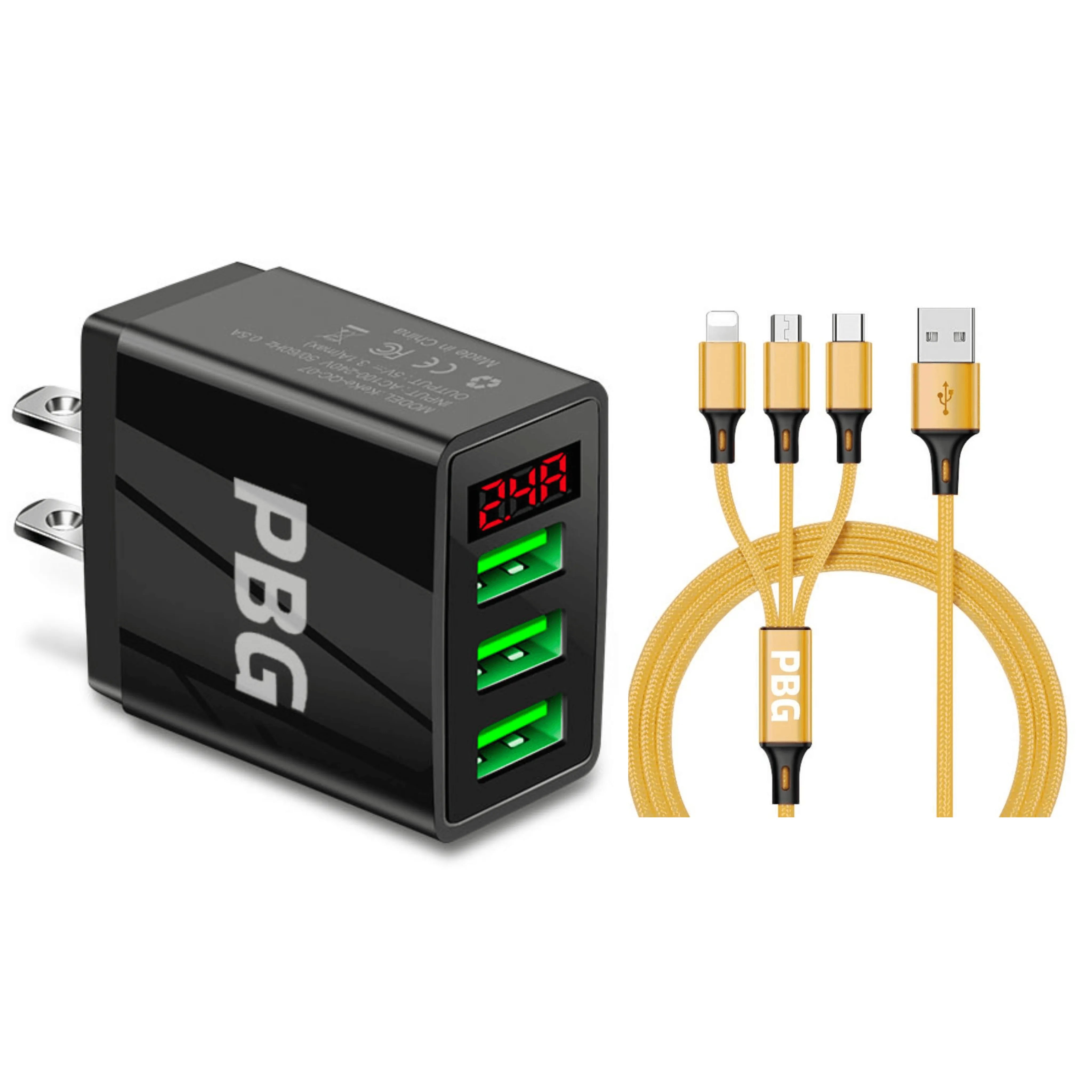 3 port LED Display Wall Charger  and 3 in 1 Cable Bundle Gold