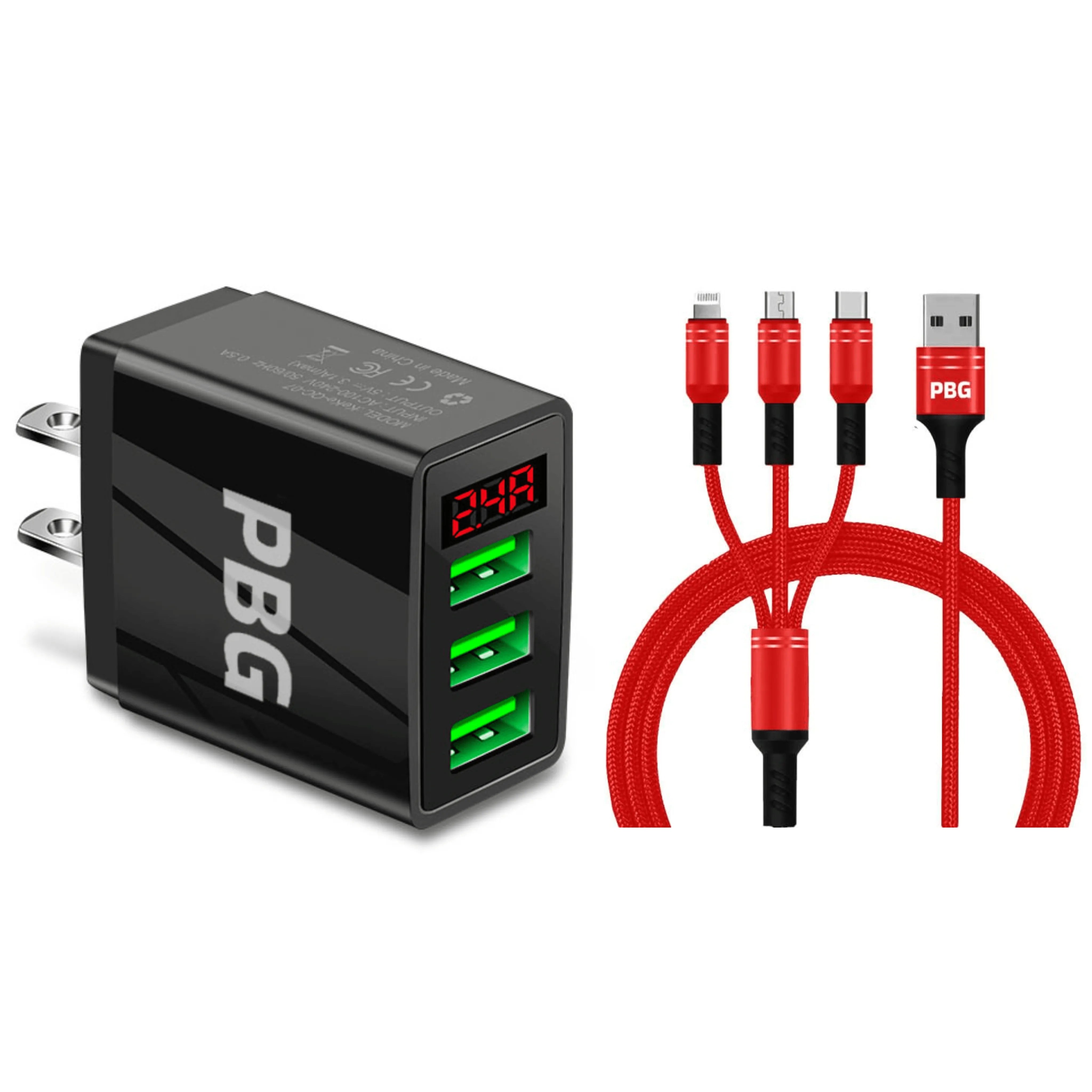 3 port LED Display Wall Charger  and 3 in 1 Cable Bundle Red