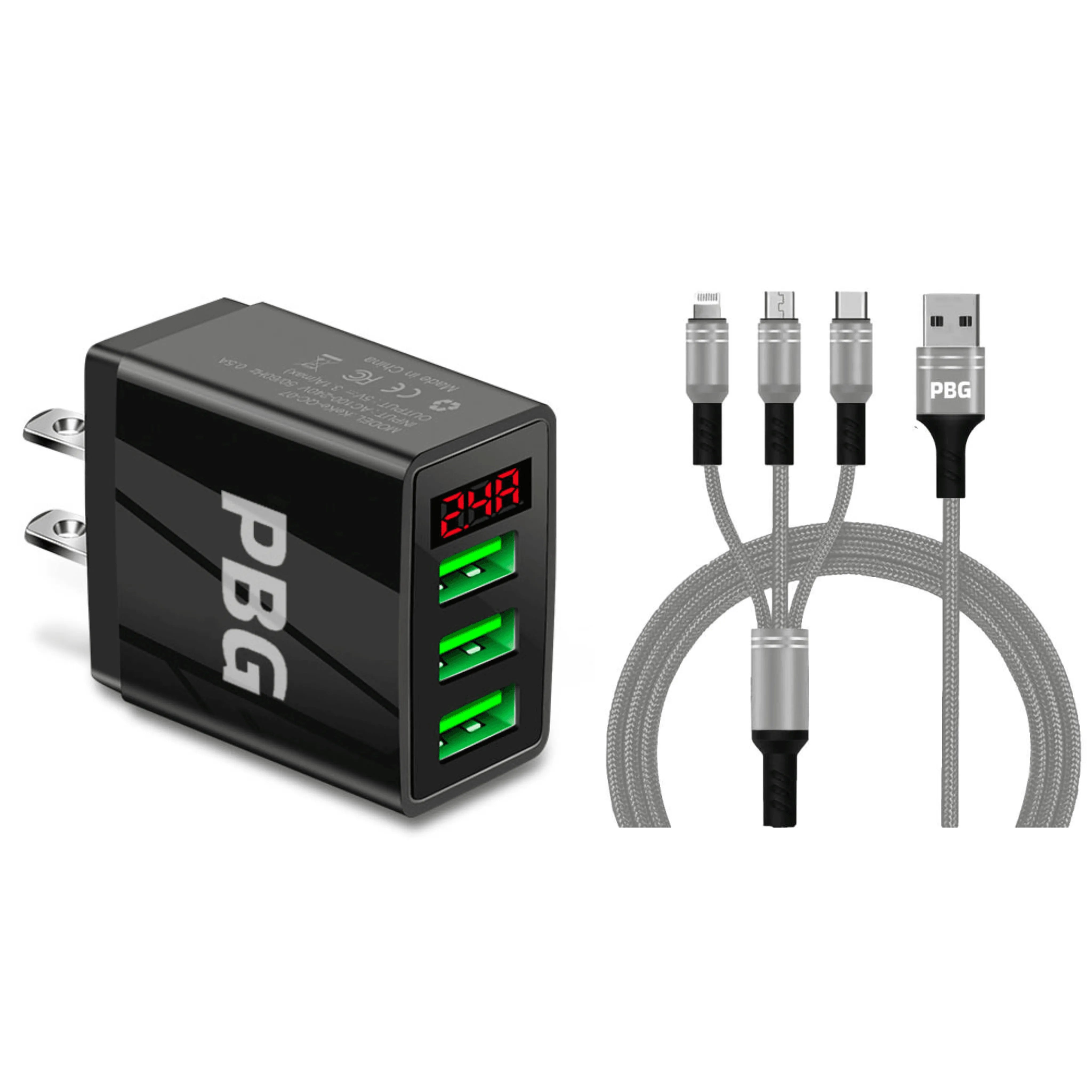 3 port LED Display Wall Charger  and 3 in 1 Cable Bundle Silver