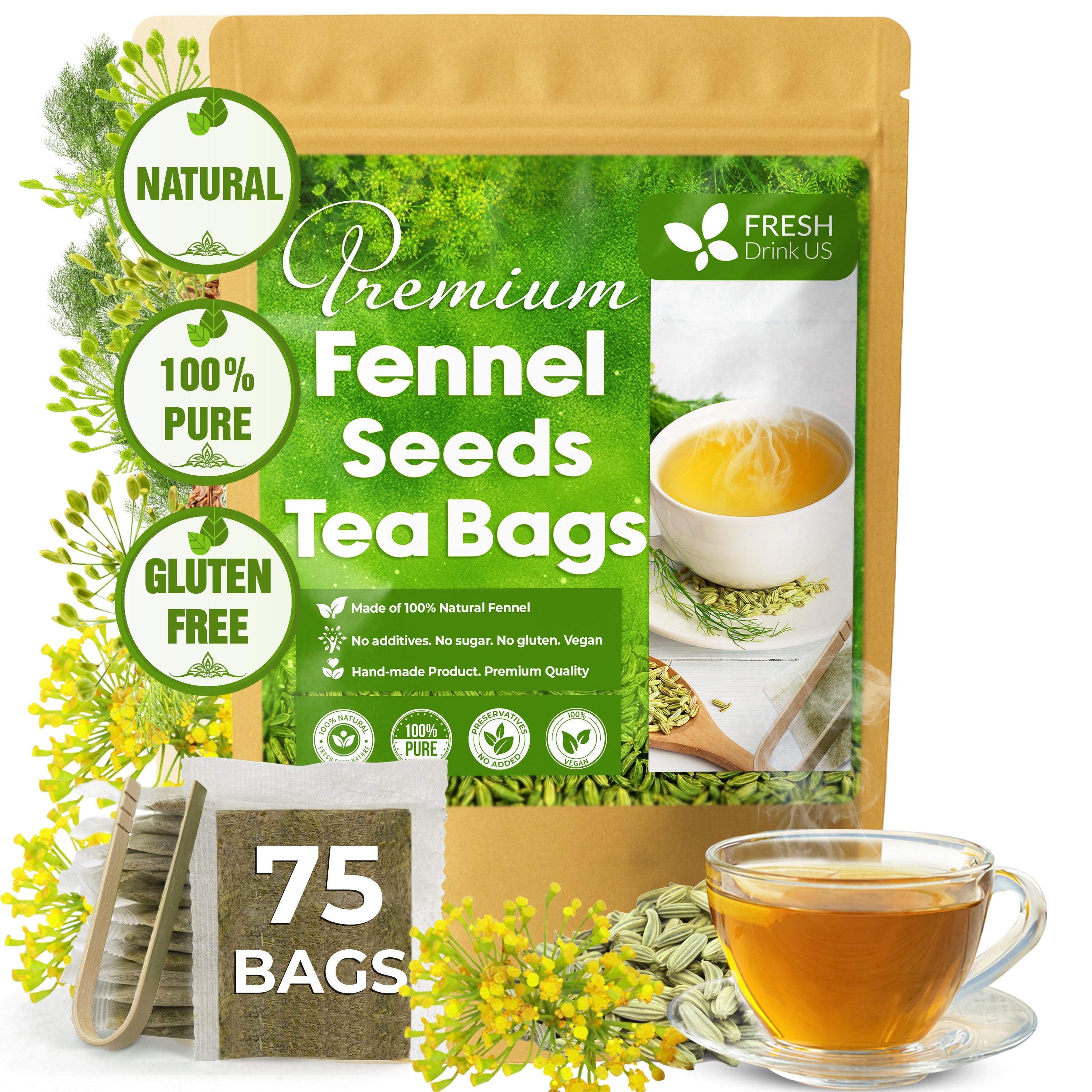 Premium Fennel Tea Bags, 100% Natural &amp;amp; Pure from Fennel Seeds. Fennel Seed Herbal Tea. Fennel Seed Tea. Made with Natural Material Tea Bags. No Sugar, No Caffeine, No Gluten, Vegan.