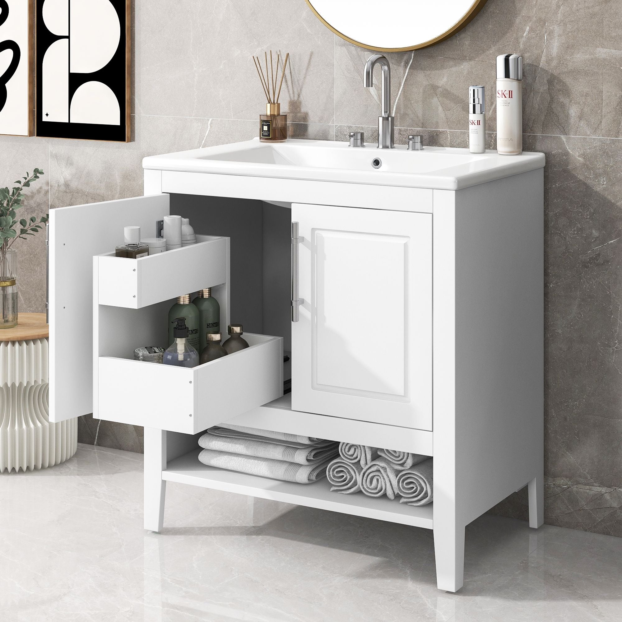 30&amp;quot; Bathroom Vanity with Sink, Multi-functional Bathroom Cabinet with Doors and Drawers, Solid Frame and MDF Board, White