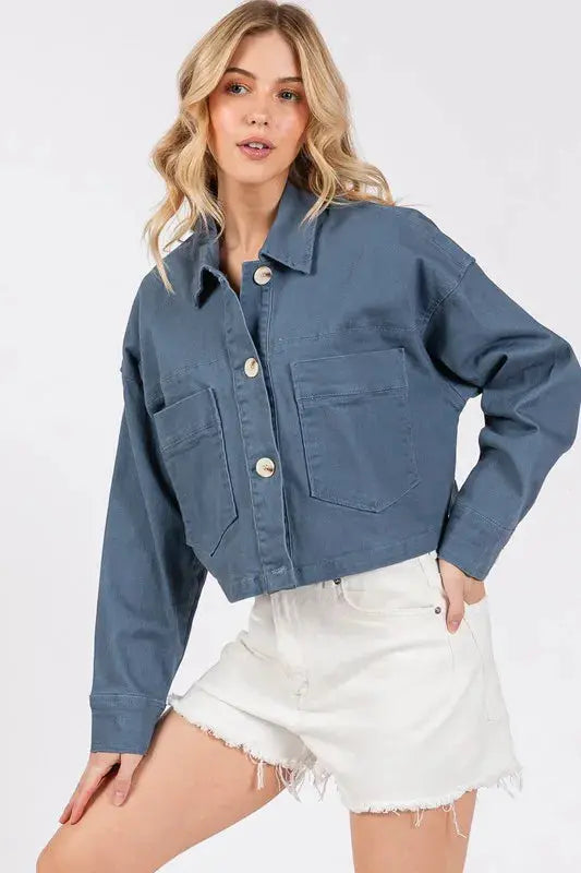 Trendsi Denim Cropped Jacket Women&amp;#39;s Casual Button Down w/ Pockets Trendy Top