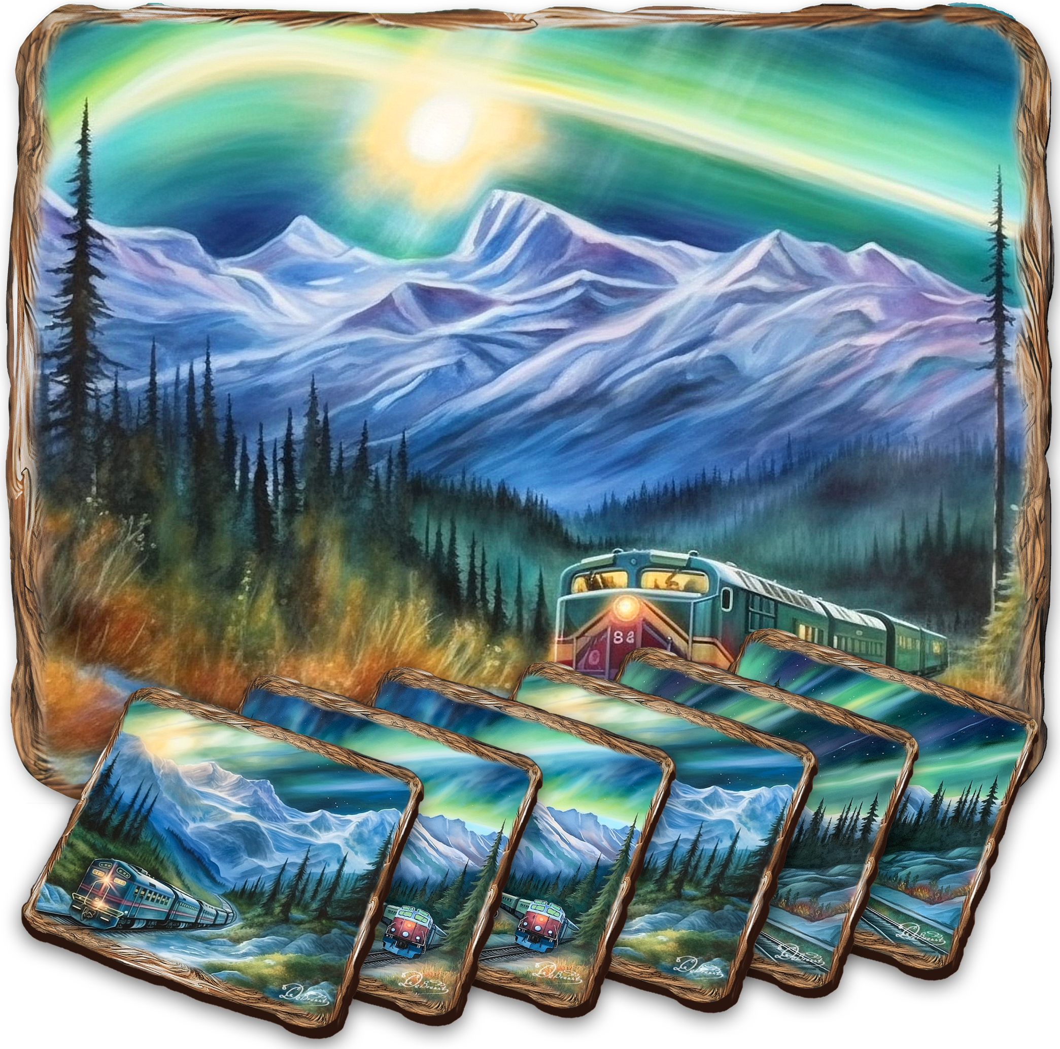 Northern Lights Wooden Cork Placemat and Coasters Gift Set of 7 by Nature Wonders Nature Wildlife Decor  - 85411C-S7