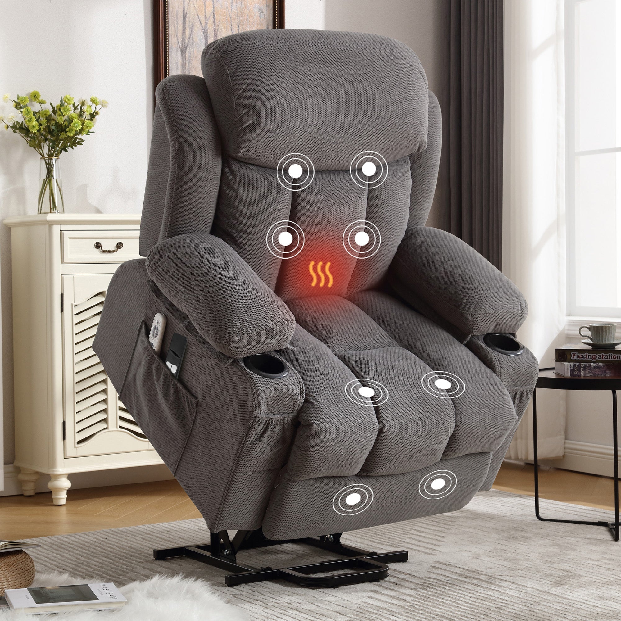 Power Lift Recliner Chair with Heat and Massage Electric Fabric Recliner Chair for Elderly with Side Pocket, USB Charge Port, Remote Control for Living Room (GREY)