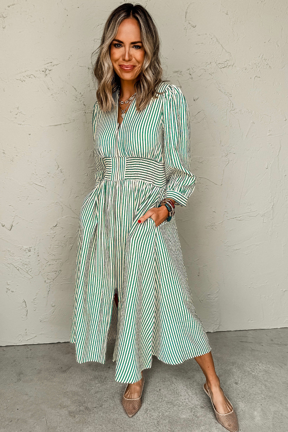 Green Striped V Neck Zip Front Midi Dress Cinched Waist