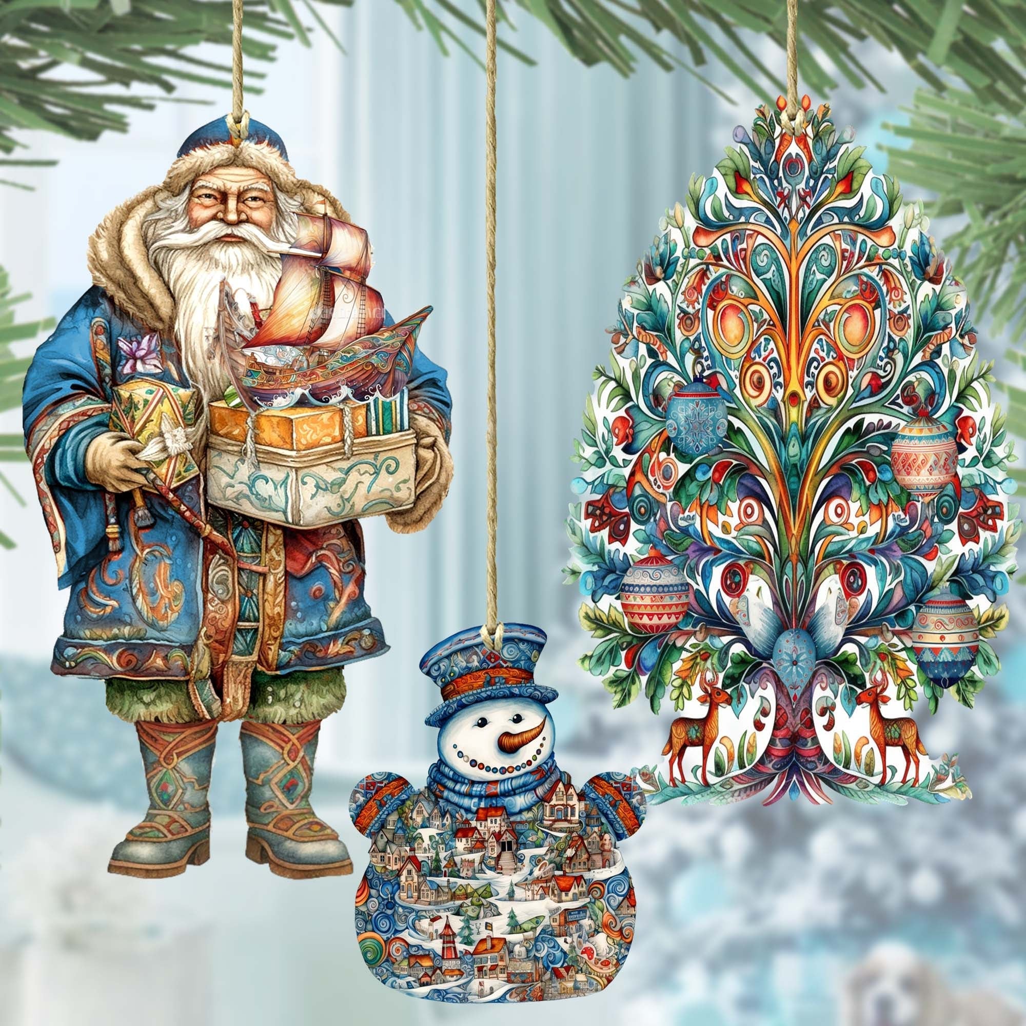 Santas Around the World - Nordic Inspired Santa - Eco Wood Ornaments Set of 3 by G. DeBrekht Christmas Santa Snowman Decor - 8091312S3