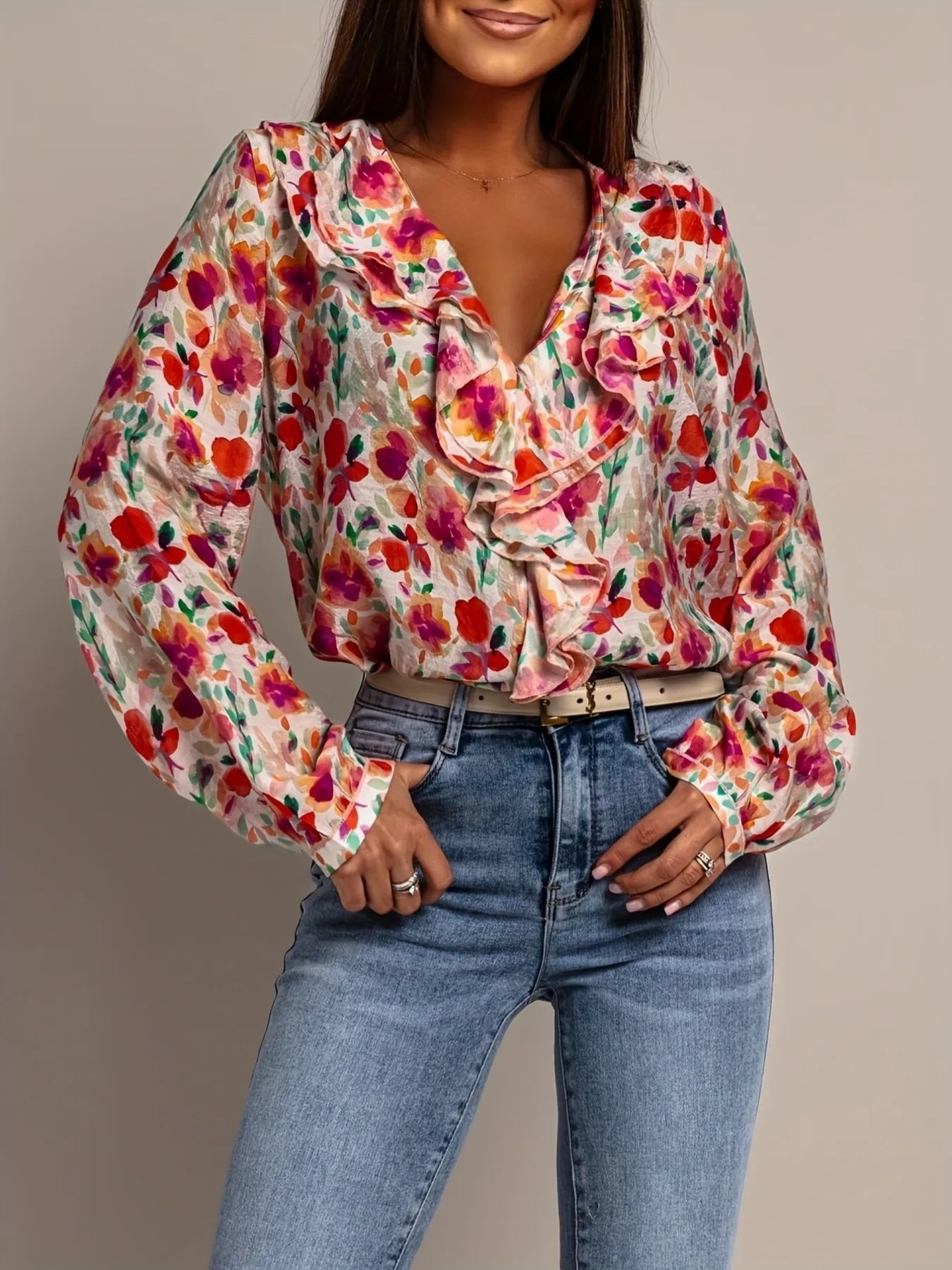 Floral Print Ruffle V-Neck Long Sleeve Blouse