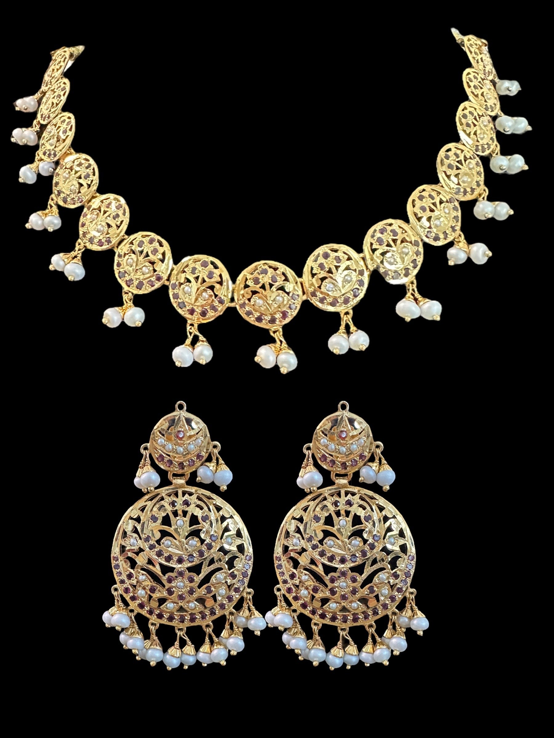 Garnet  necklace set with fresh water pearls - gold plated silver ( READY TO SHIP )