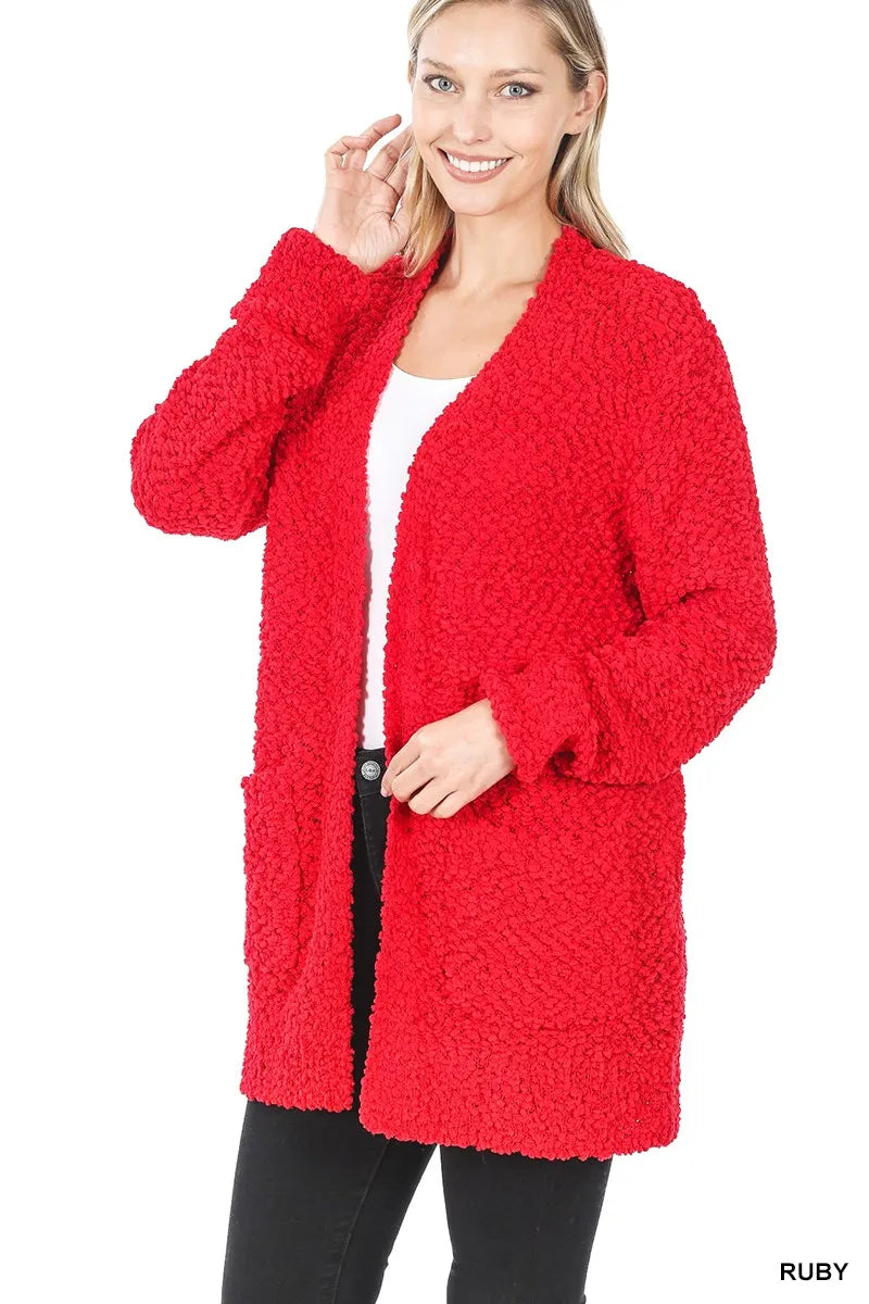 Zenana Long Sleeve Popcorn Sweater Cardigan with Pockets