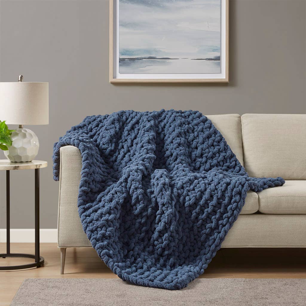 Chenille Chunky Knit Throw  Navy Blue